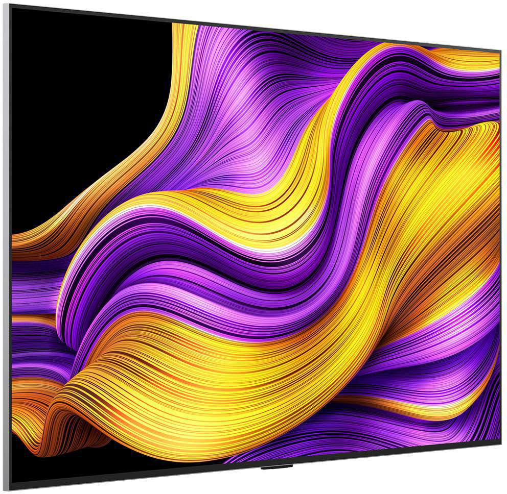 TV-Bildschirm mit buntem, abstraktem Design aus gelben, lila und orangenen, fließenden Linien auf Schwarz.