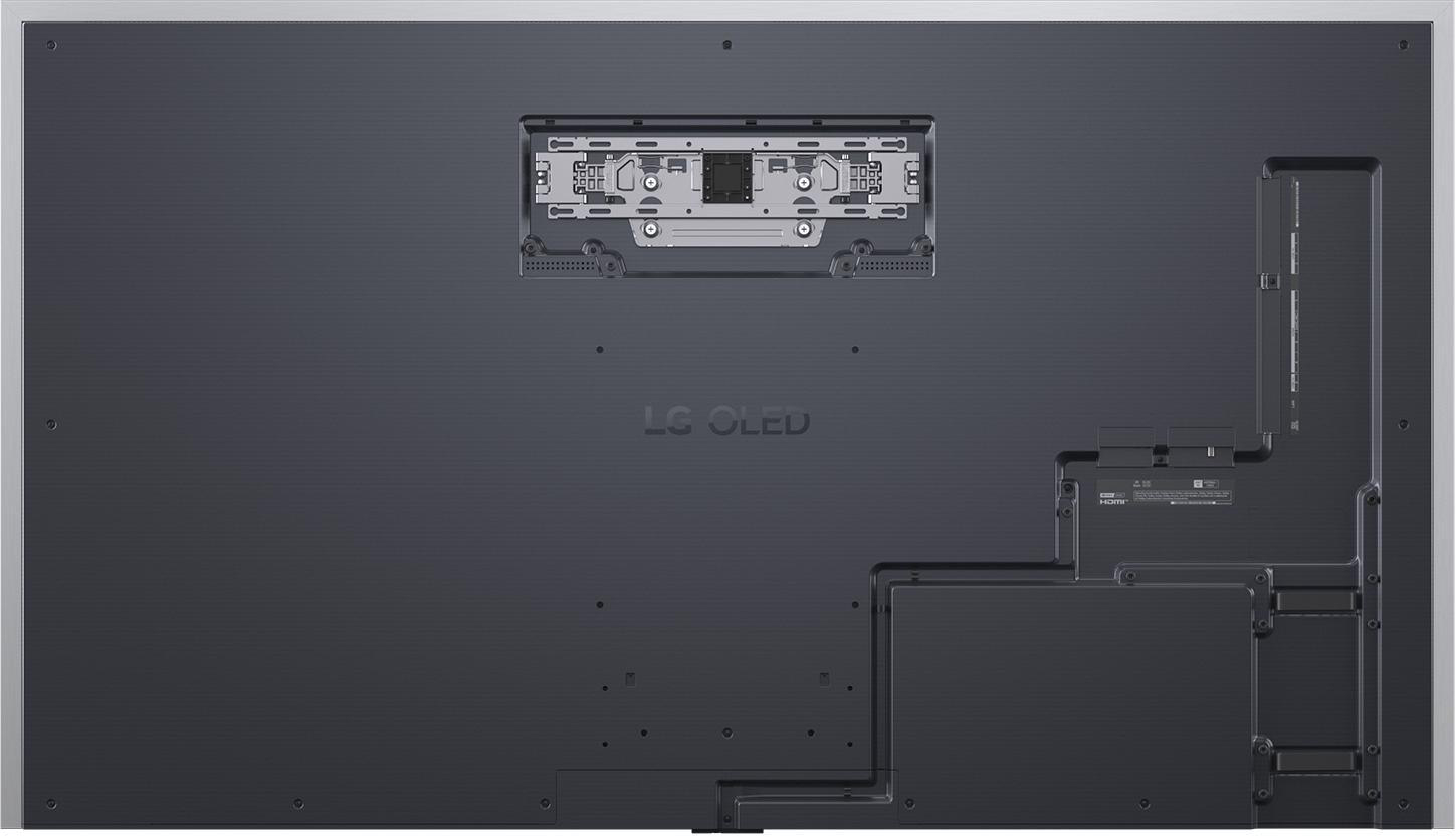 Rückseite eines großen schwarzen OLED-Fernsehers. Zeigt die Befestigungspunkte, Anschlüsse und Kabelführung.