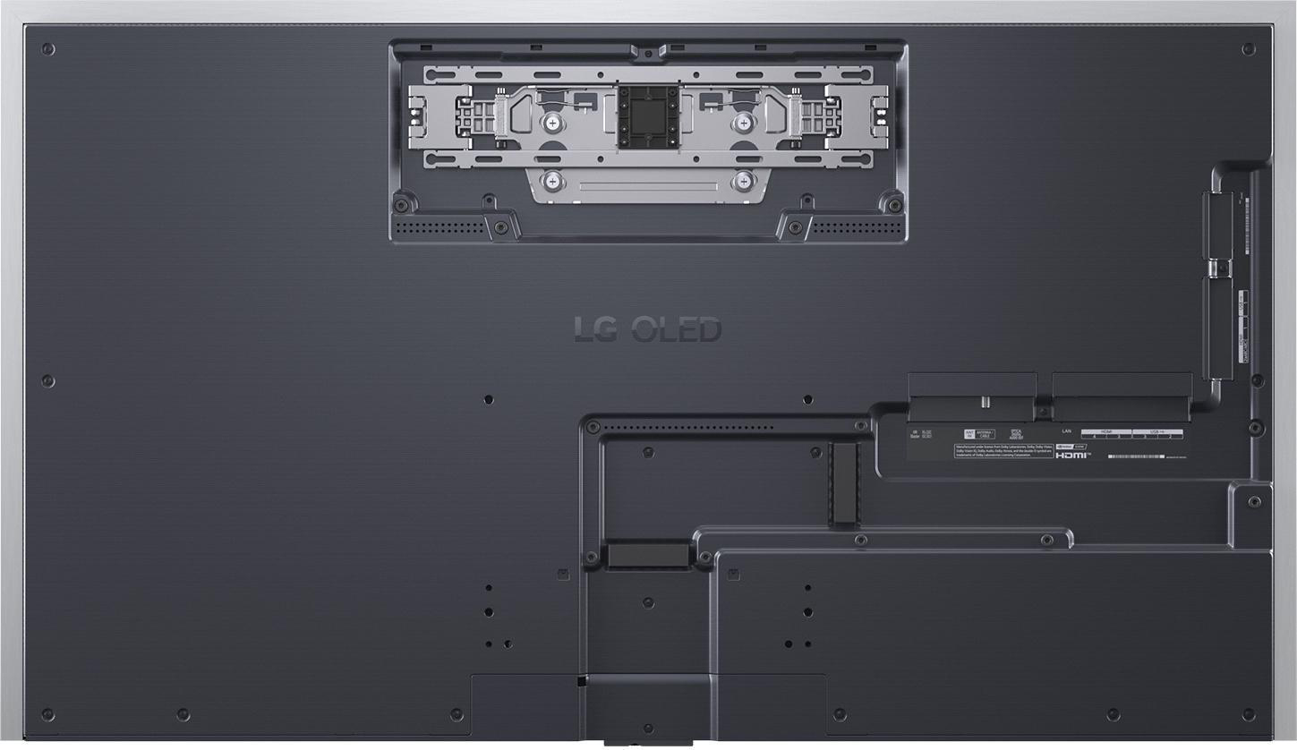 Rückseite eines großen LG OLED TVs mit Anschlüssen und Verbindungen.