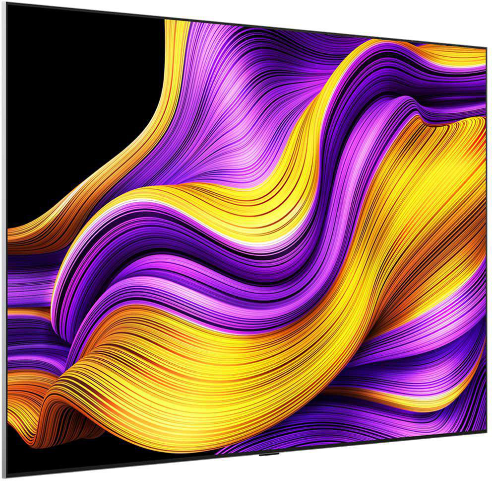 Ein OLED-TV-Bildschirm zeigt ein abstraktes, farbenfrohes, wellenförmiges Design in Lila und Gelb.