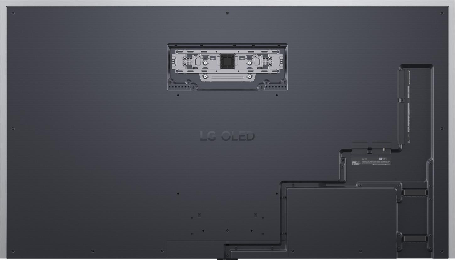 Rückseite eines großen schwarzen Fernsehers. Montagehalterungen oben sichtbar, LG OLED-Logo.