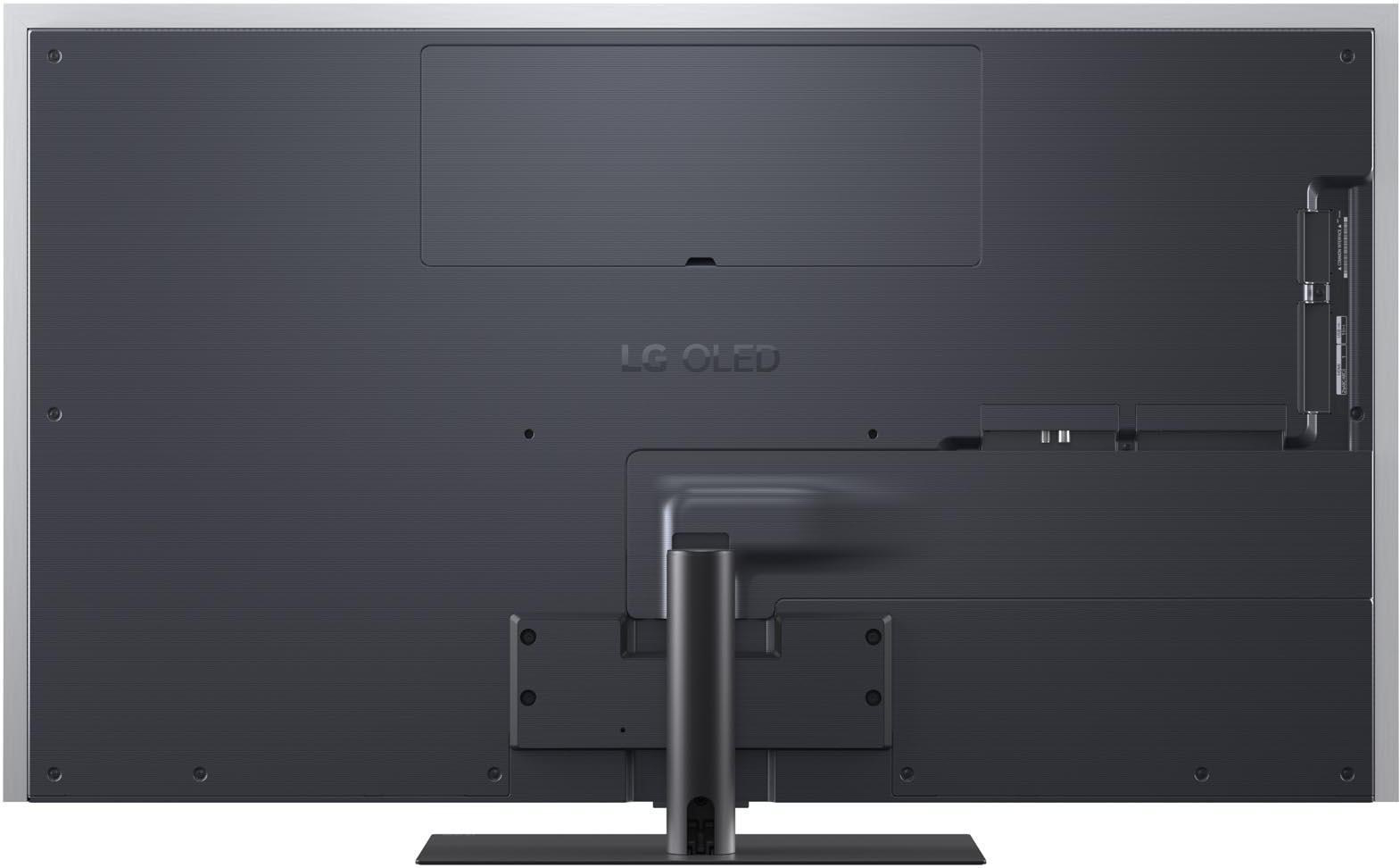 Rückseite eines schwarzen LG OLED-Fernsehers mit silberner Verkleidung und Ständer.