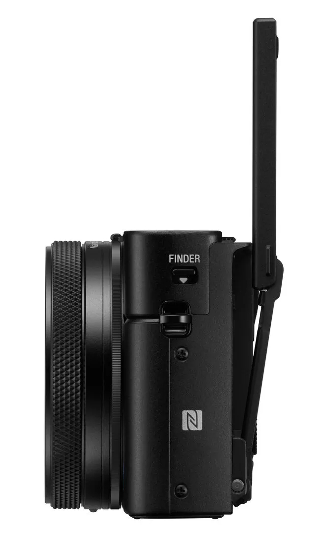 Czarny aparat z otwartym ekranem. Widok z boku pokazuje obiektyw i wizjer.