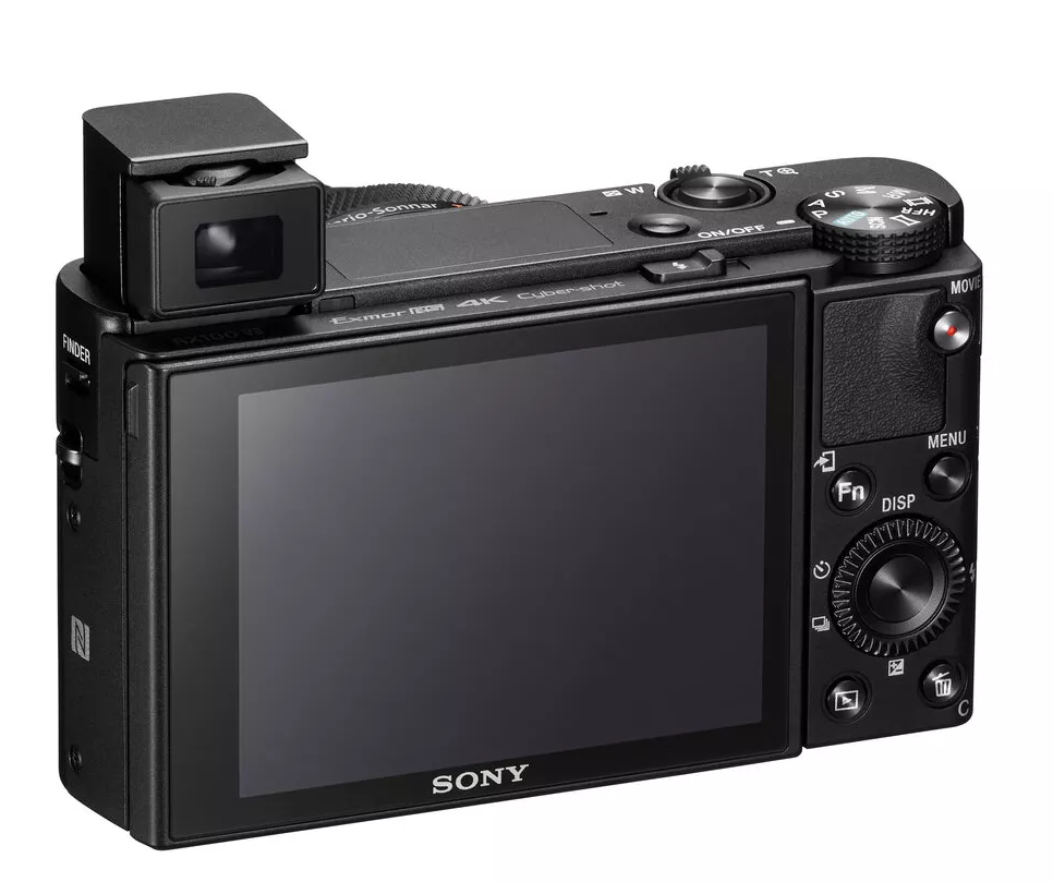 Widok z tyłu czarnego aparatu Sony z ekranem, wizjerem oraz różnymi przyciskami i pokrętłami.