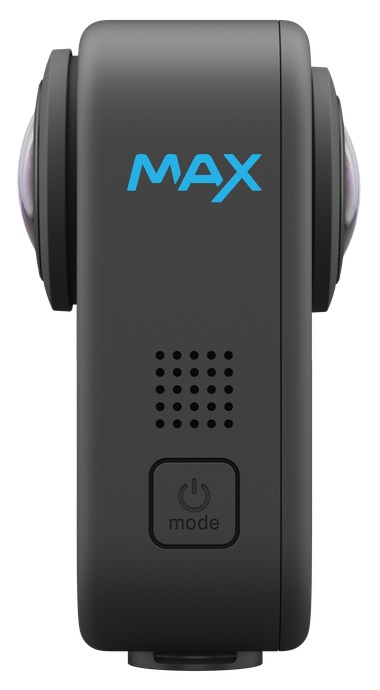 Czarna kamera GoPro MAX z dwoma obiektywami, przyciskiem zasilania i tekstem 'MAX'.