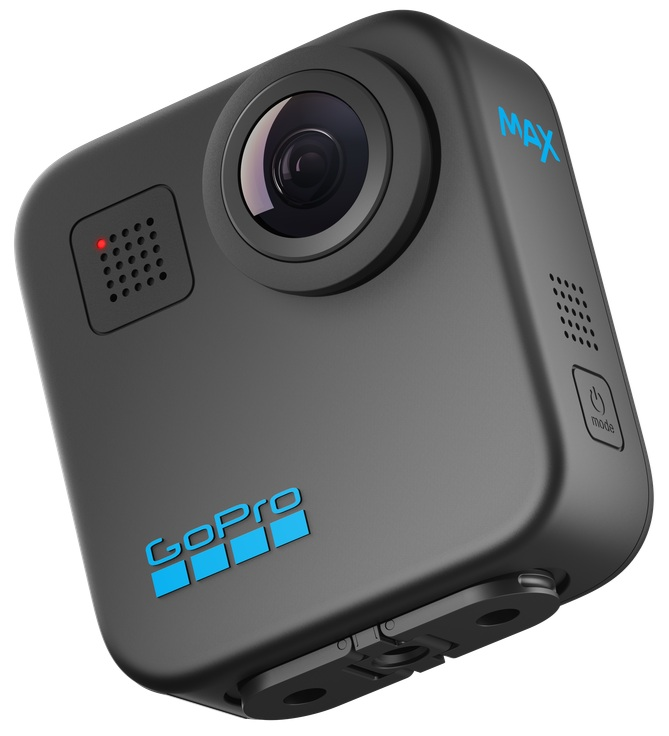 Czarna kamera GoPro MAX z obiektywem po każdej stronie i słowem MAX w kolorze niebieskim.