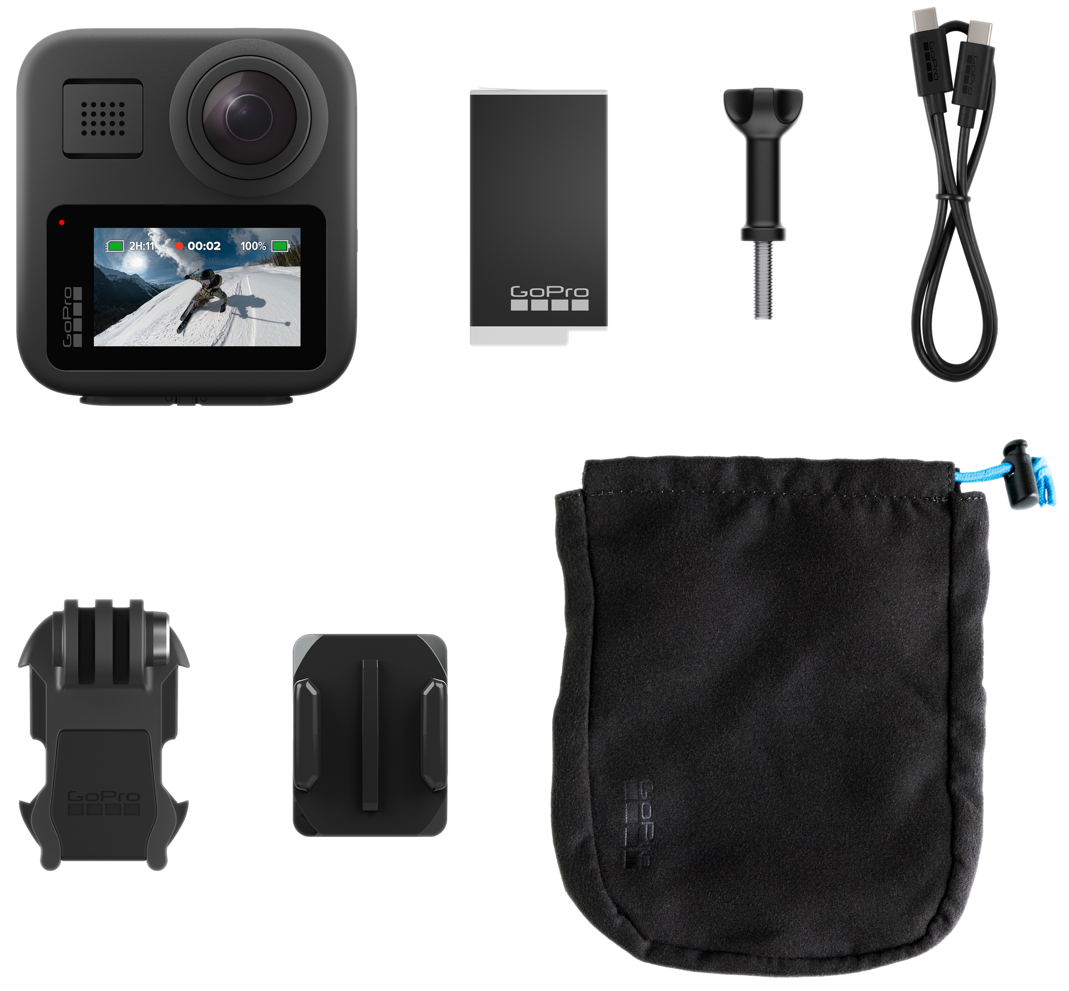 Zestaw kamery GoPro z akcesoriami: bateria, mocowania, kable i etui.