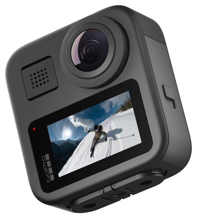 Pokazano kamerę GoPro 360, jest czarna z obiektywem skierowanym do przodu i ekranem.