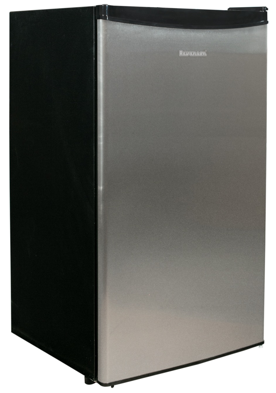 Lodówka ze srebrnymi drzwiami i czarnymi bokami.