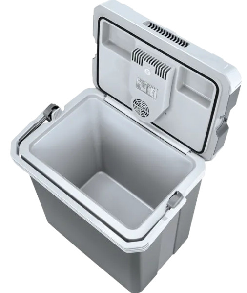 Otwarta szaro-czarna chłodziarka z białym wnętrzem.