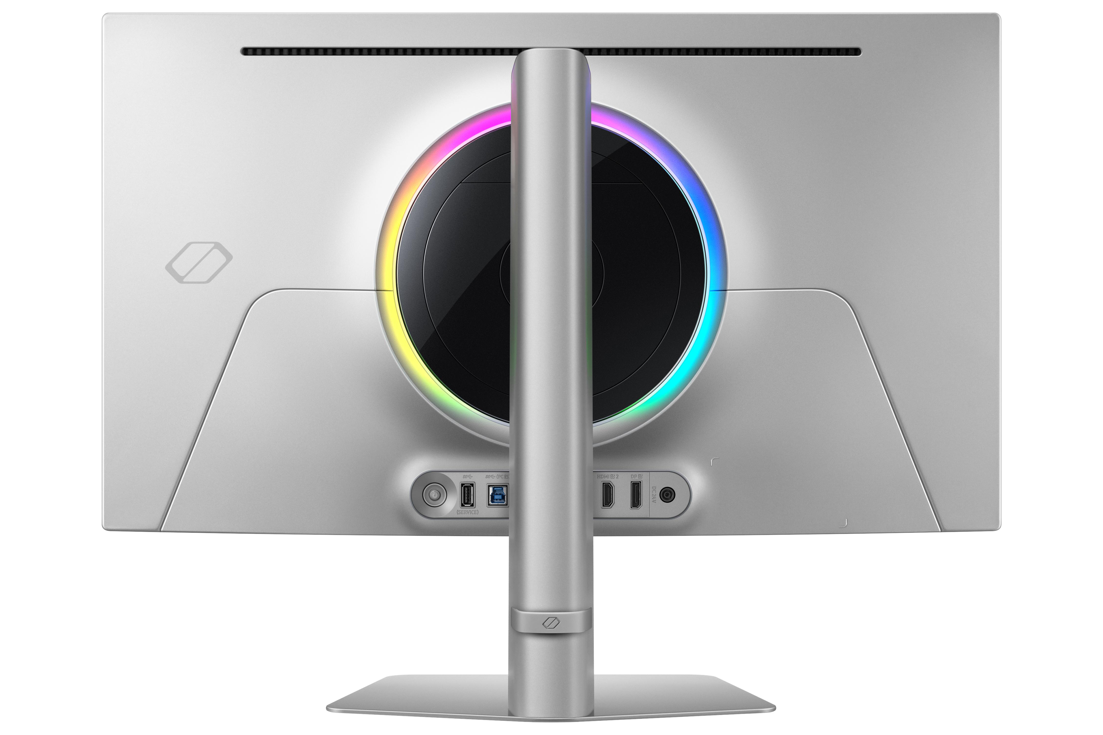 Die Rückseite eines silbernen Monitors mit Ständer und farbigem Ring.
