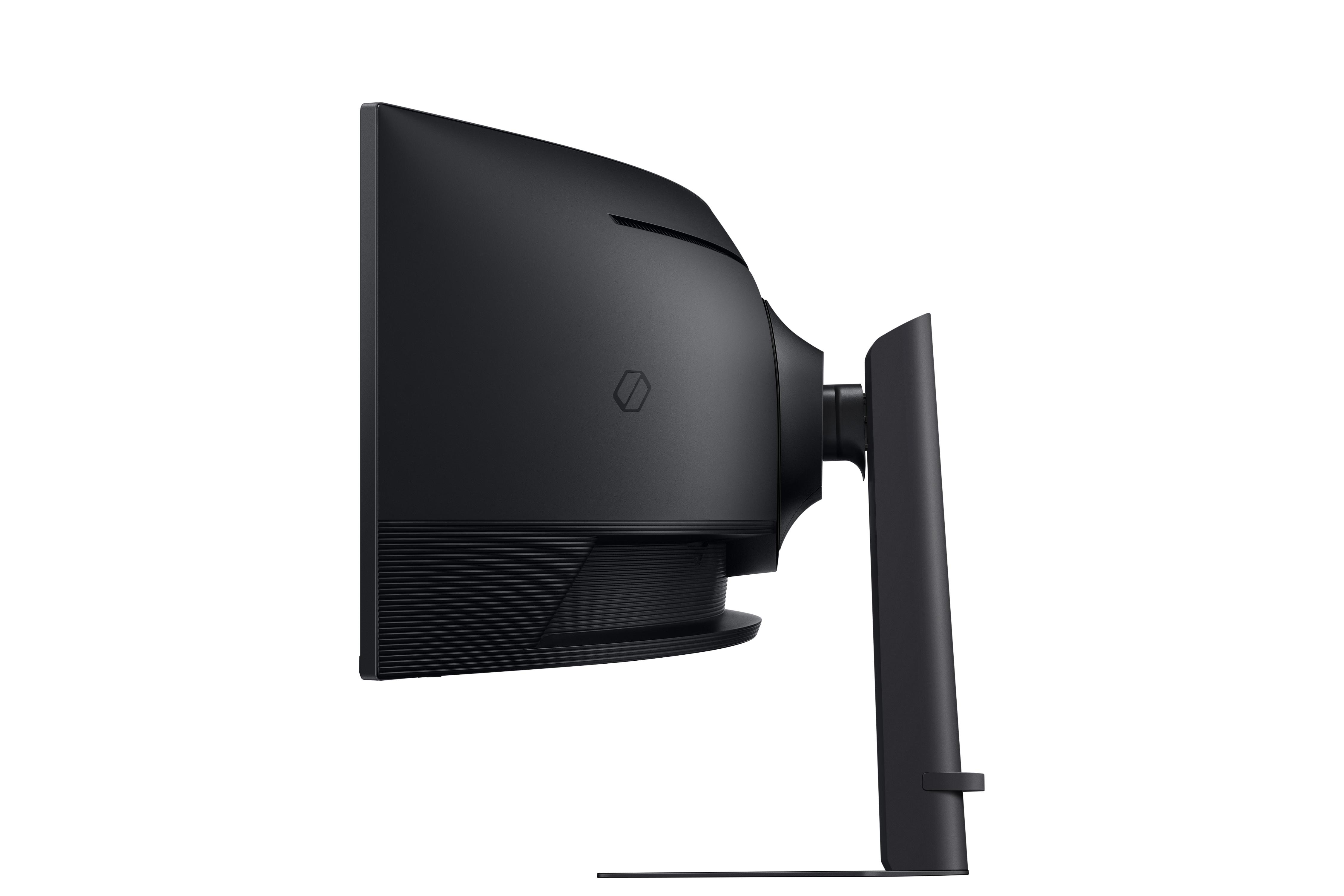 Seitenansicht eines gekrümmten schwarzen Computermonitors auf weißem Hintergrund.