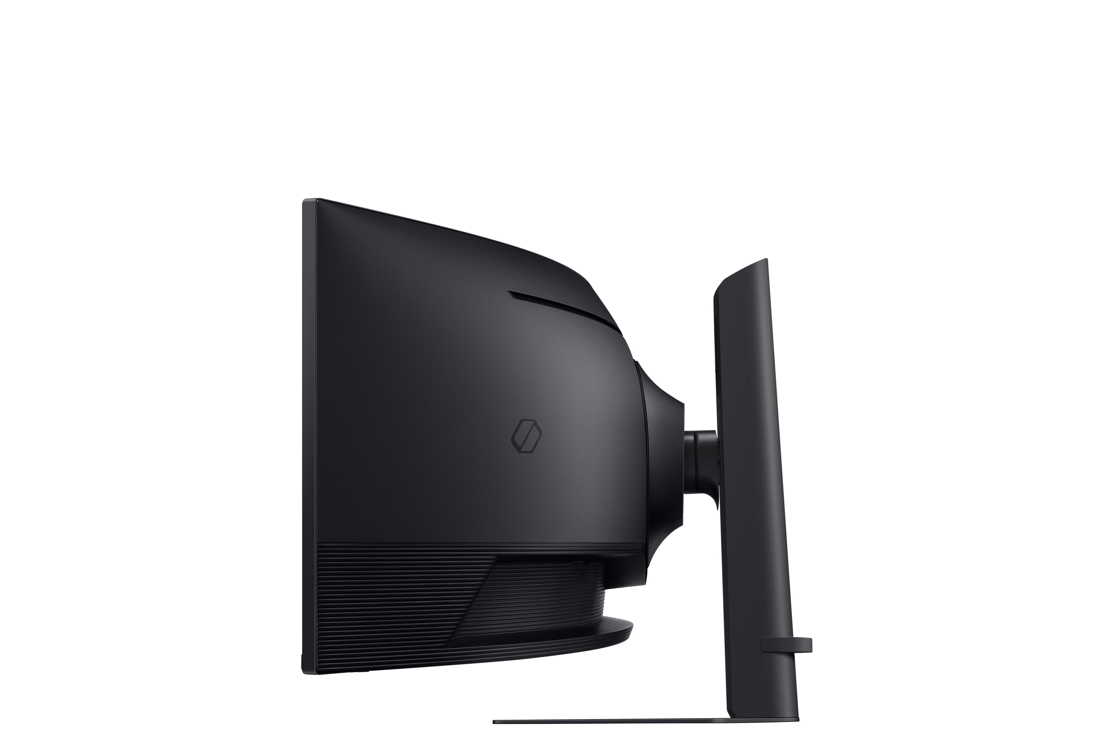 Seitenansicht eines schwarzen, gebogenen Monitorbildschirms mit Ständer. Weißer Hintergrund.