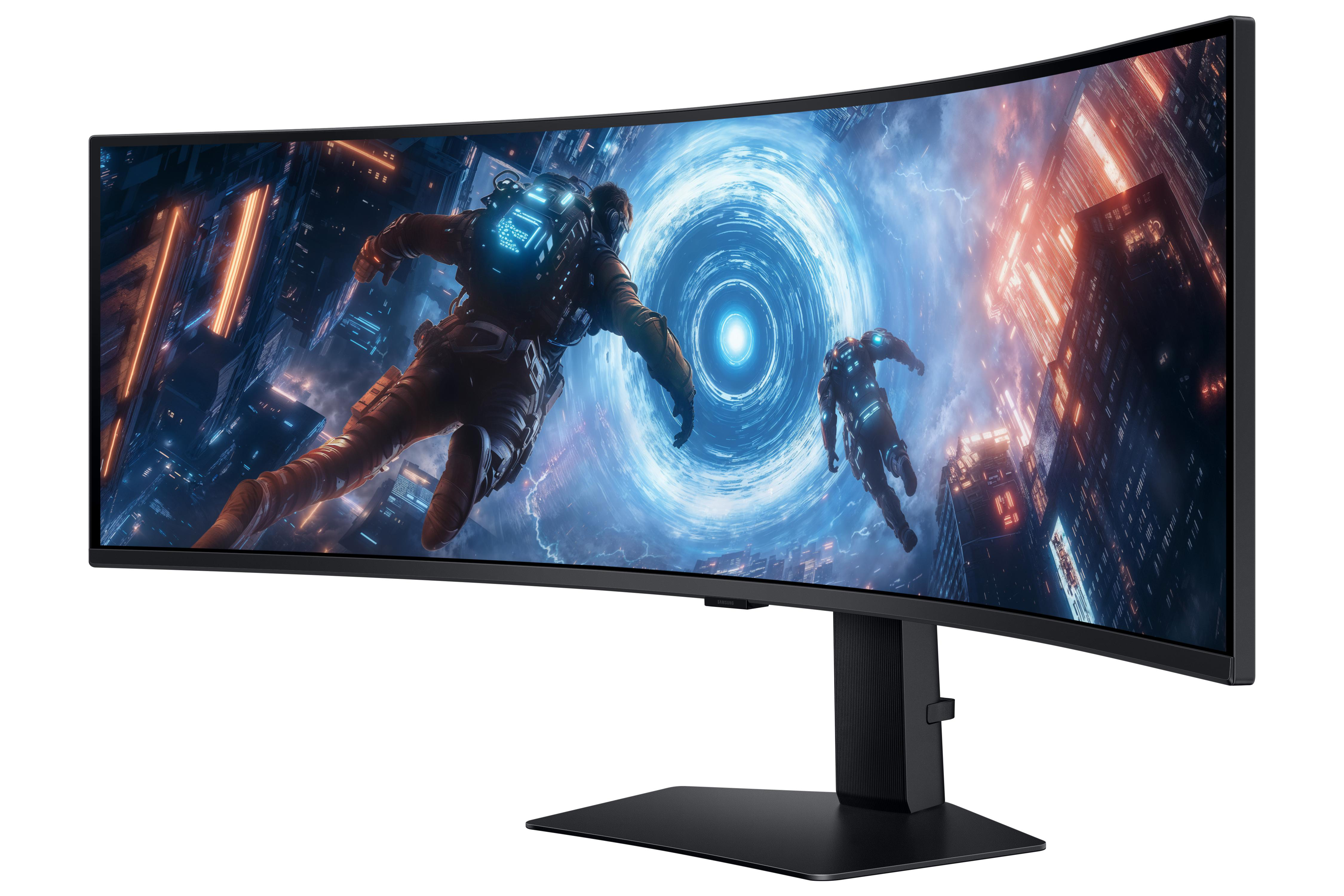 Gebogener Gaming-Monitor, der eine futuristische Szene mit Figuren und einem Portal zeigt.
