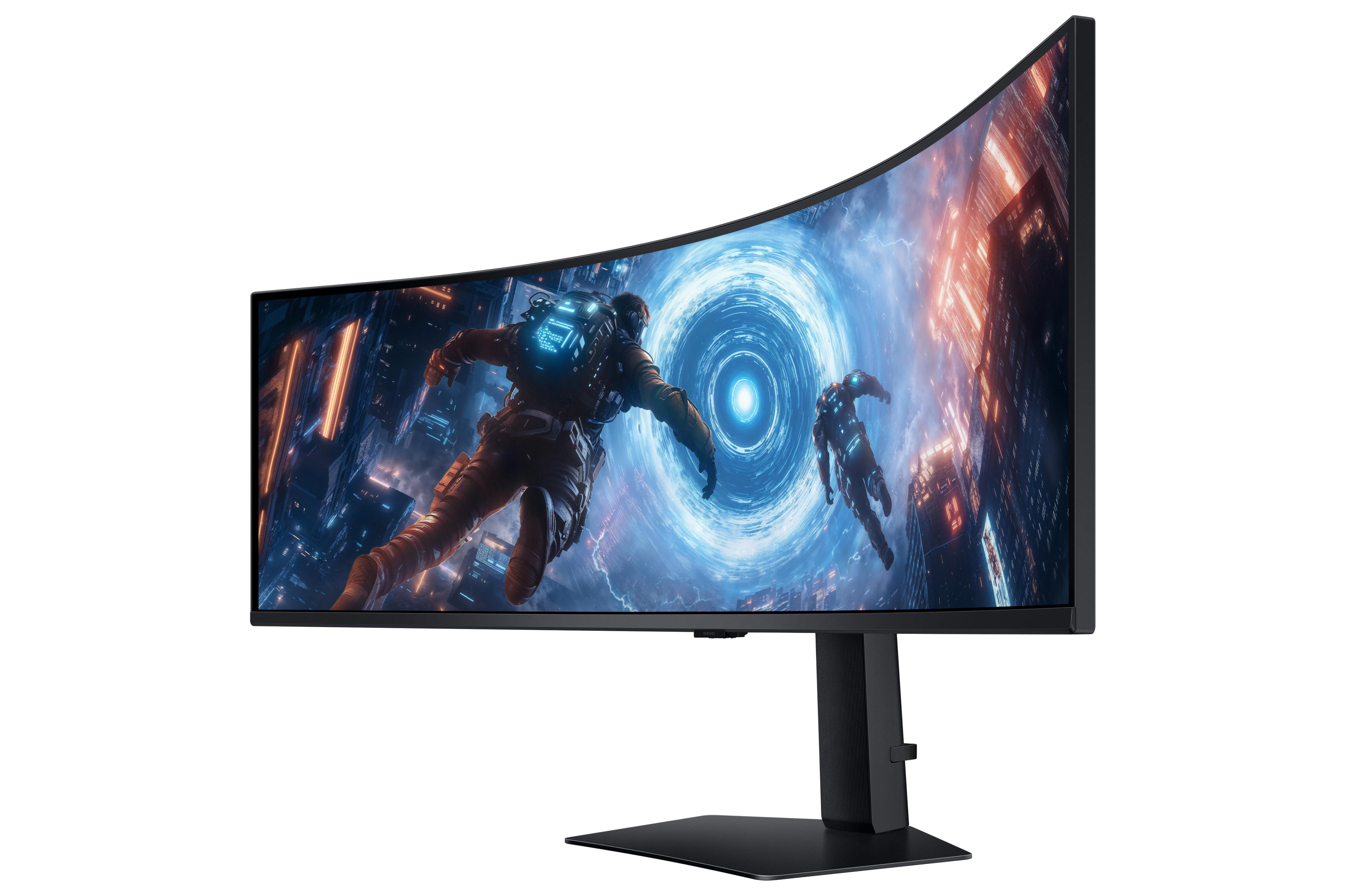 Gebogener Monitor, der eine Spielszene mit zwei Figuren im Weltraum zeigt.