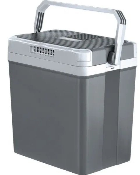 Szara i czarna chłodziarka z uchwytem na górze, na białym tle.