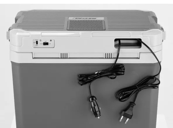 Przenośna chłodziarka z kablami zasilającymi i panelem sterowania.