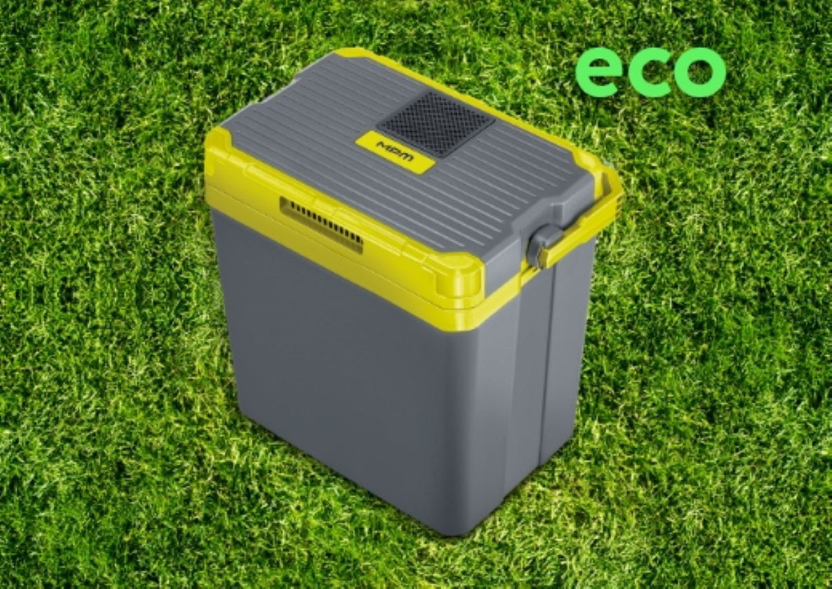 Szaro-zielona chłodziarka na tle trawy, z tekstem: eco.