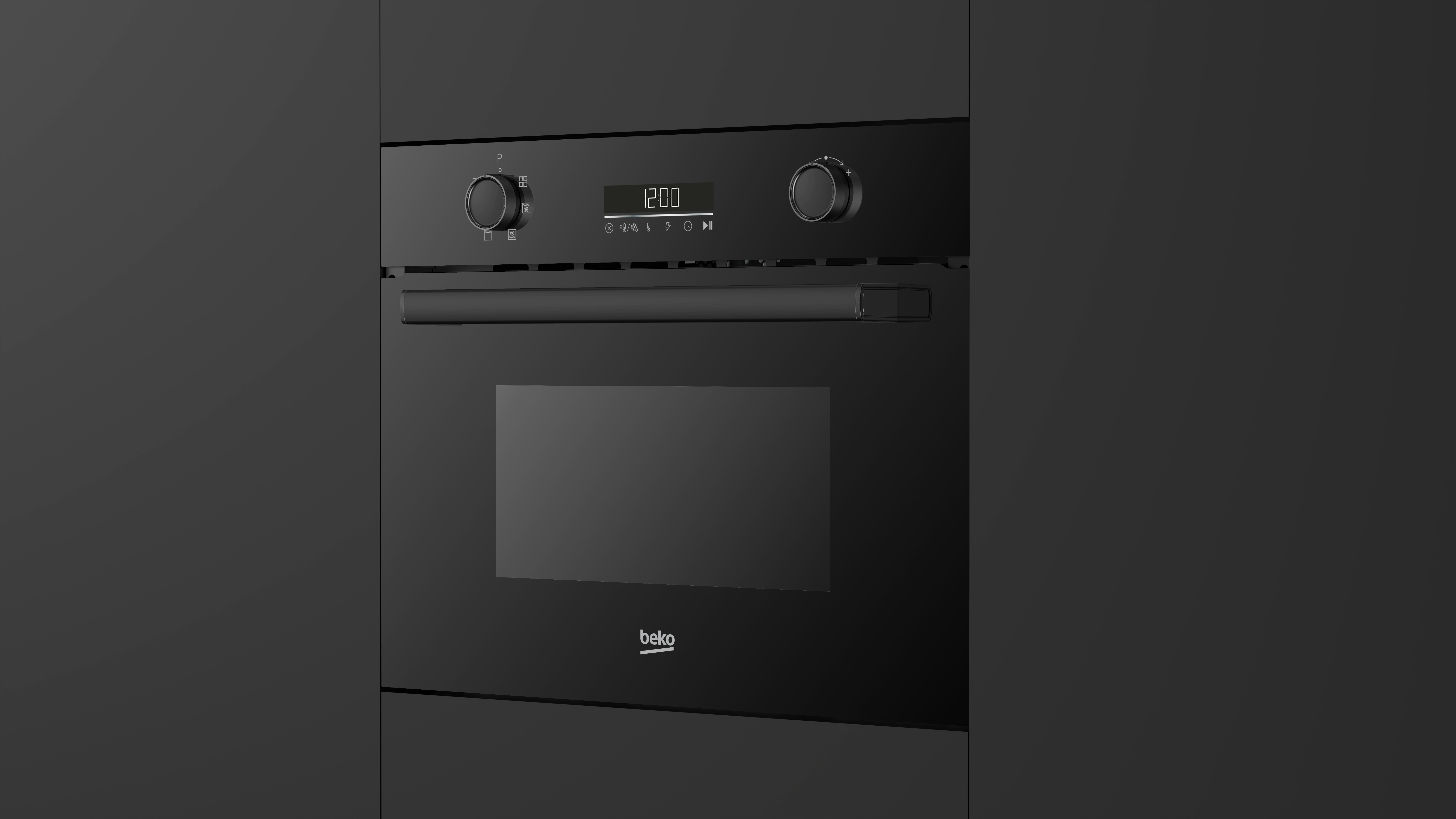 Czarny wbudowany piekarnik mikrofalowy zainstalowany w ciemnym otoczeniu kuchni.