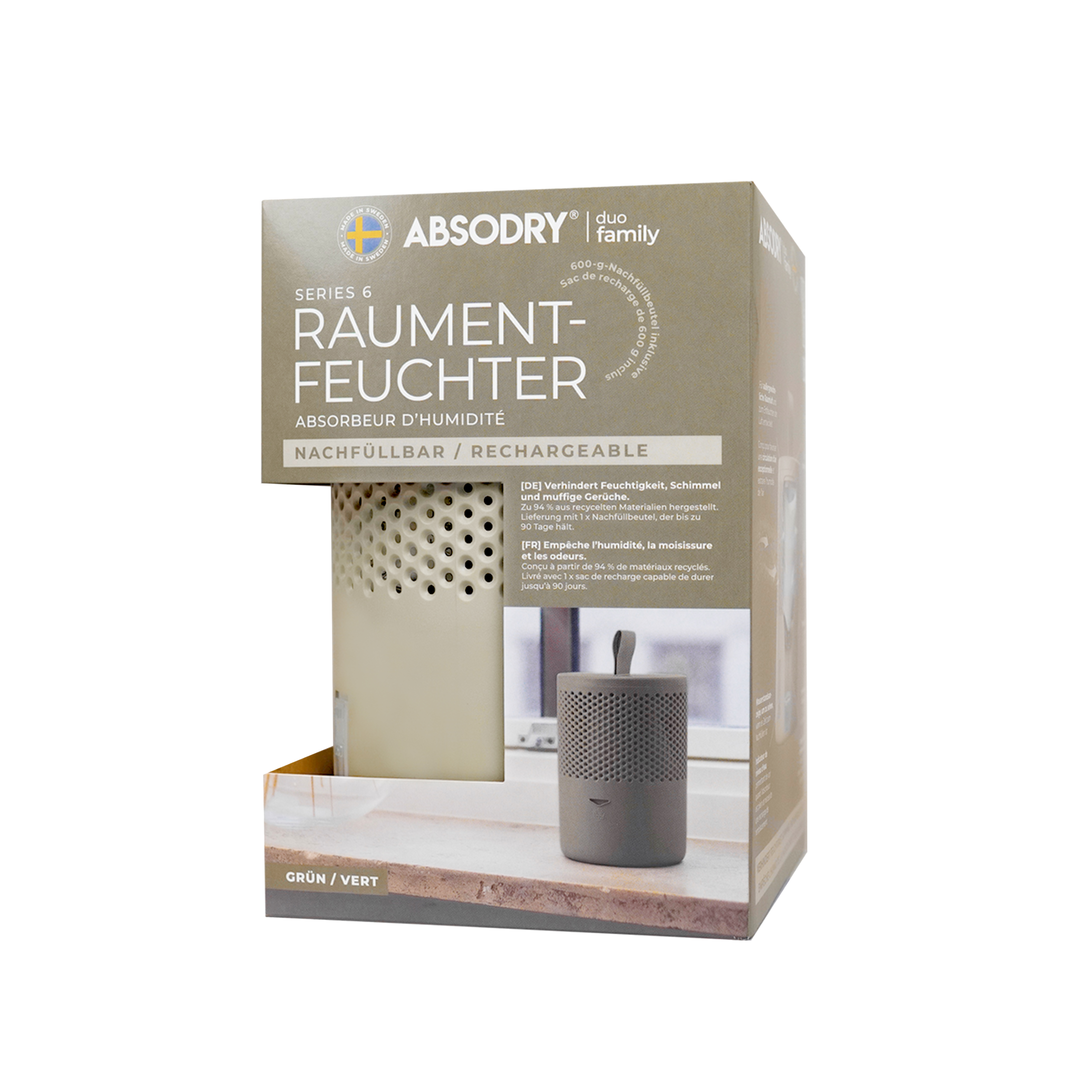 Luftentfeuchter in Box: weiß und grau. Text: Absodry. Aufschrift: Raum-Feuchter. Wiederaufladbar.