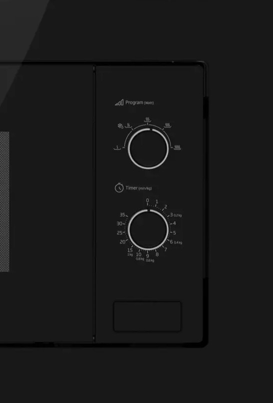Czarny panel sterowania kuchenką mikrofalową z pokrętłami zasilania i timera oraz ustawieniami programu.