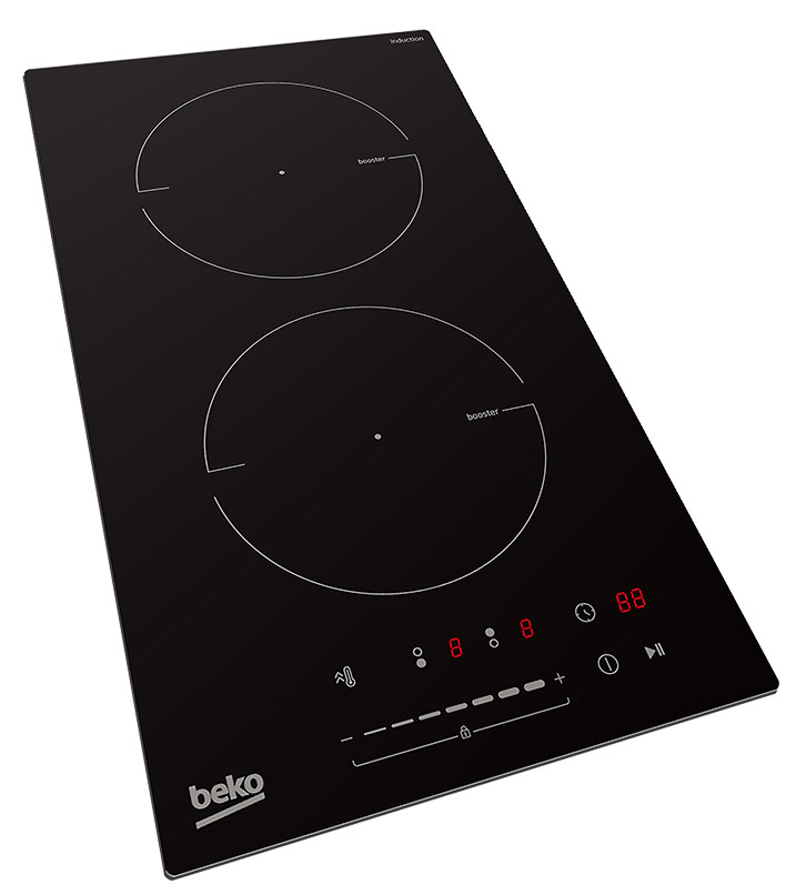Czarna płyta indukcyjna Beko z dwoma palnikami.