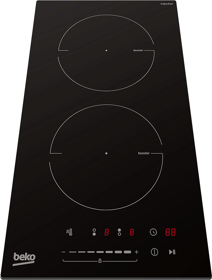Czarna płyta indukcyjna z dwoma okrągłymi palnikami i cyfrowym wyświetlaczem.