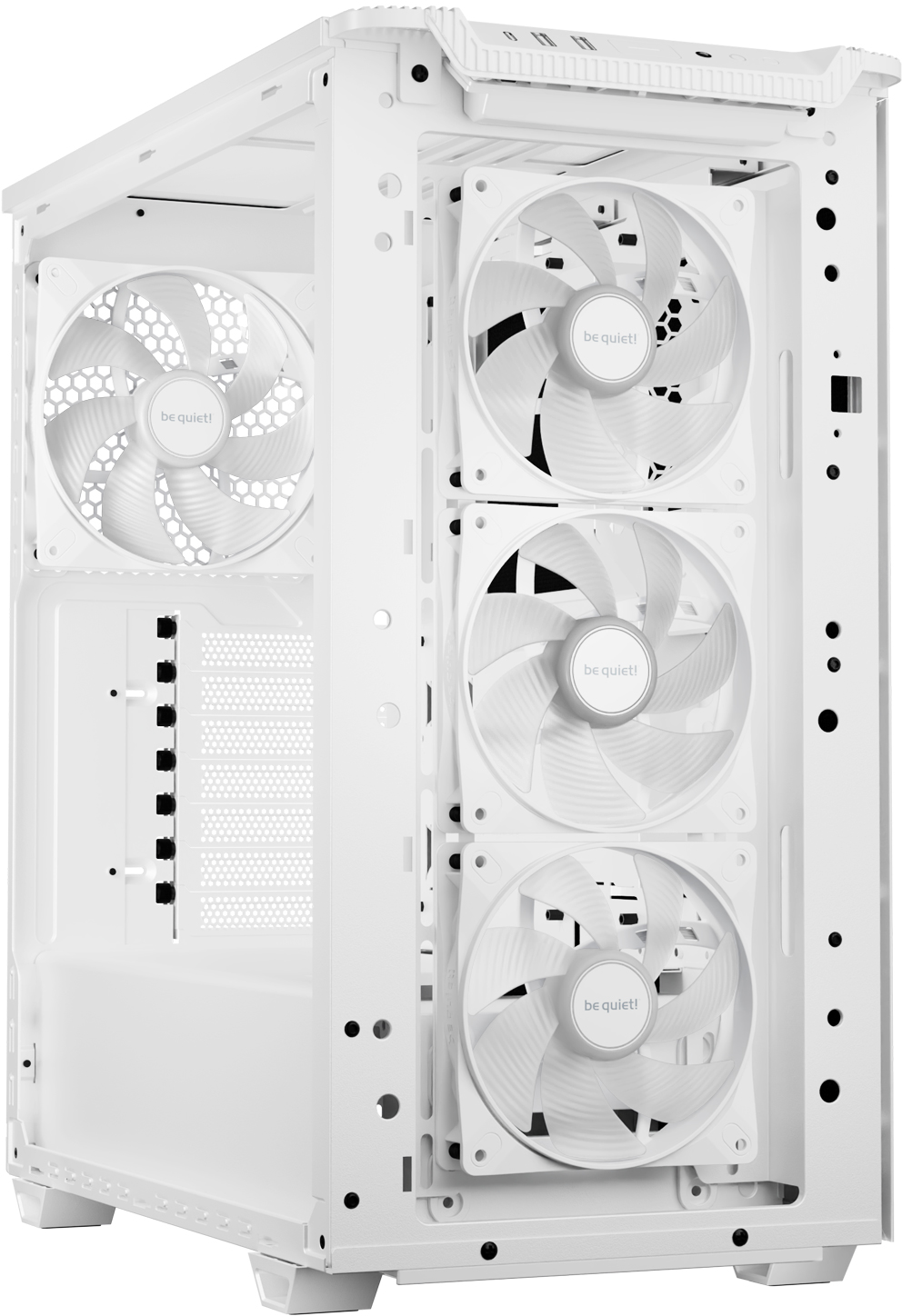 Ein weißes Computergehäuse mit drei sichtbaren Lüftern.