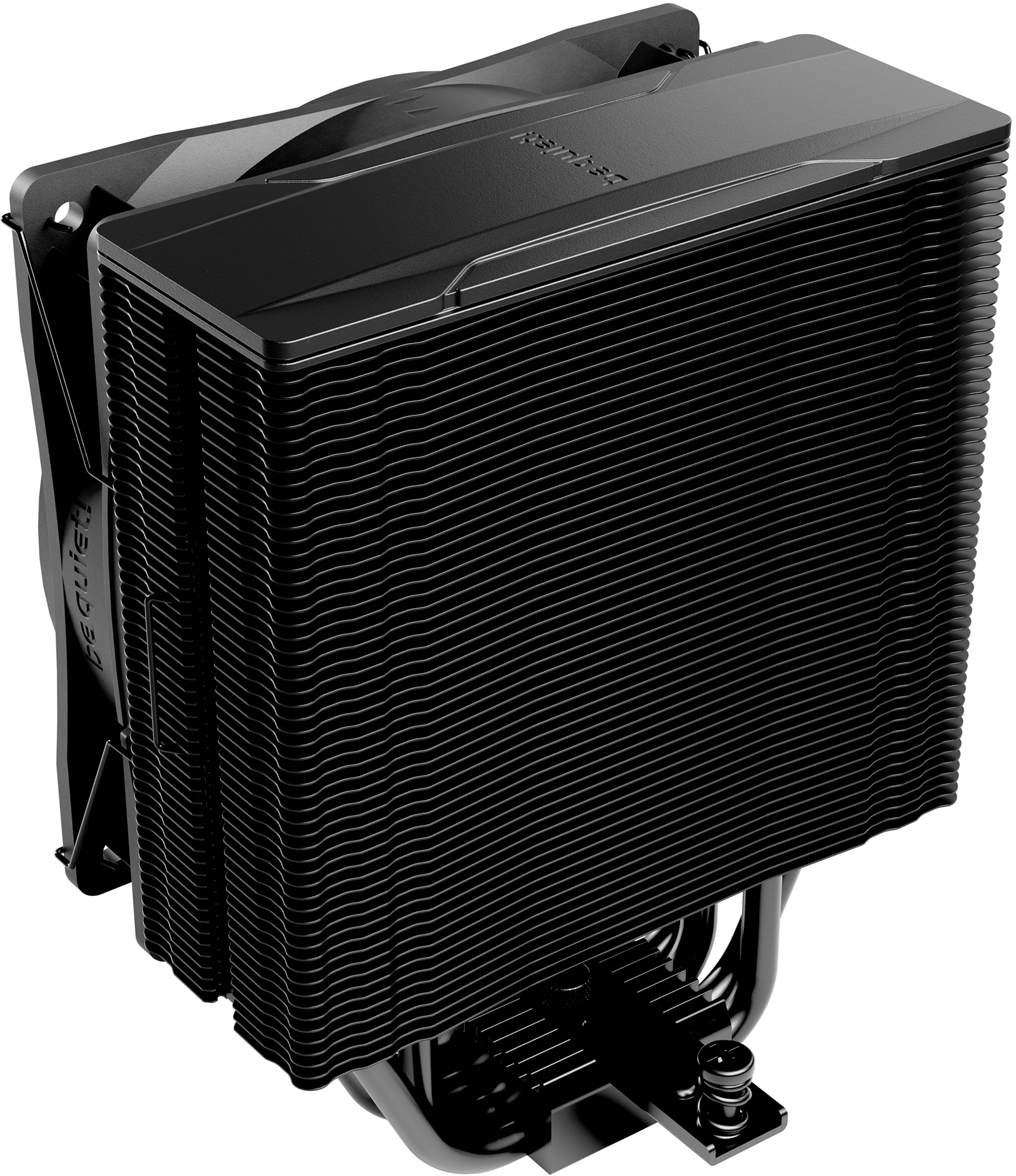 Schwarzer CPU-Kühler mit Lamellen. Es ist ein Kühlkörper mit Lüfter und Kühlrohren für einen Computer.