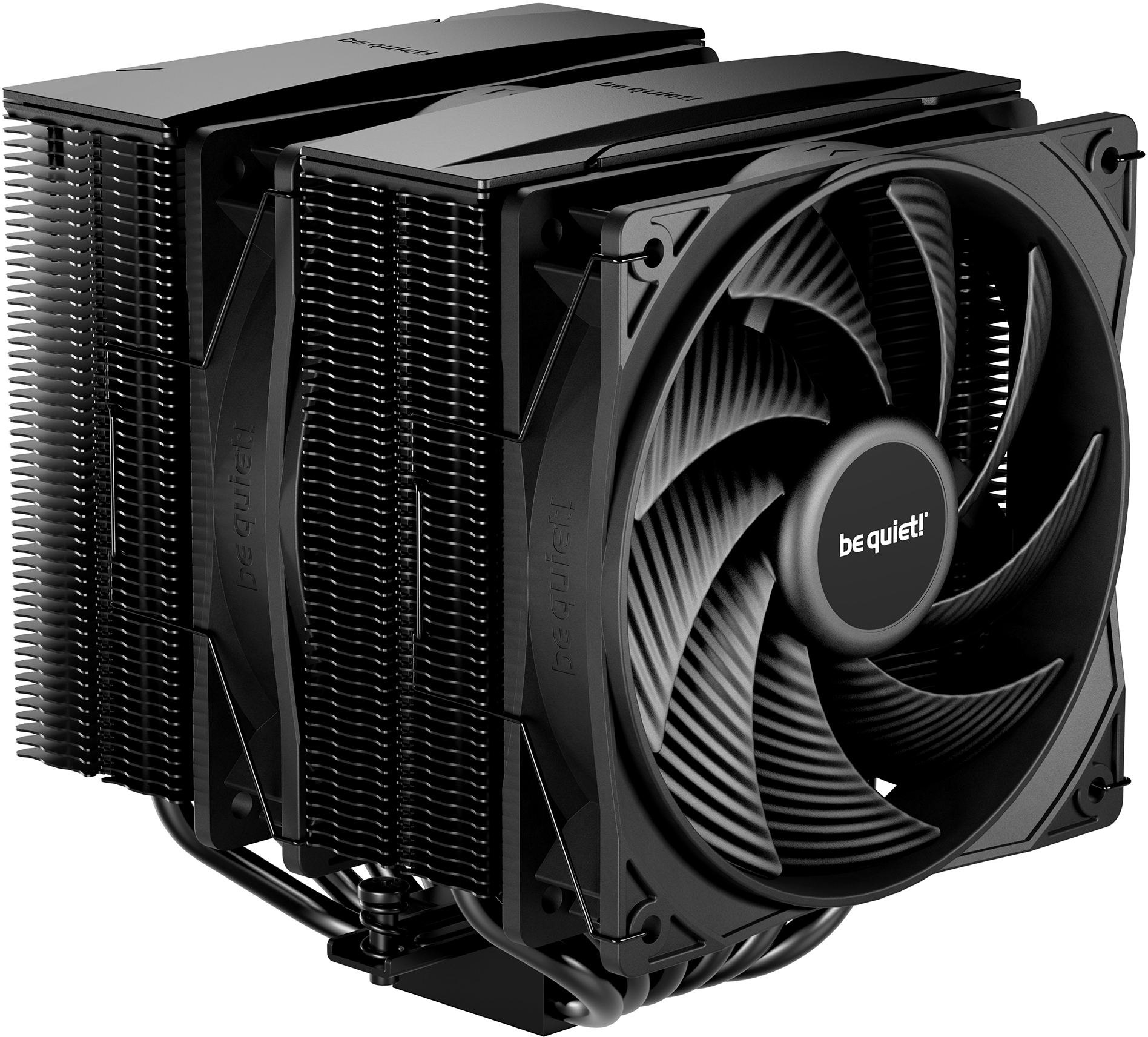 Ein schwarzer CPU-Kühler mit einem Lüfter und Kühlkörper.