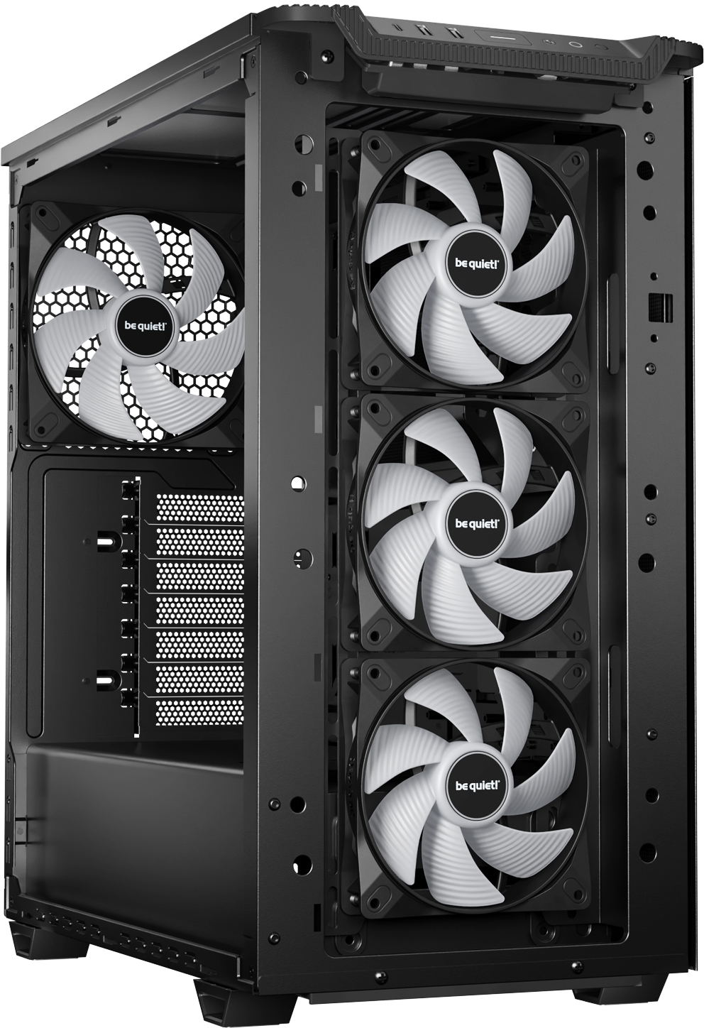Ein schwarzes Computergehäuse mit Lüftern. Drei Lüfter sind vorne sichtbar.