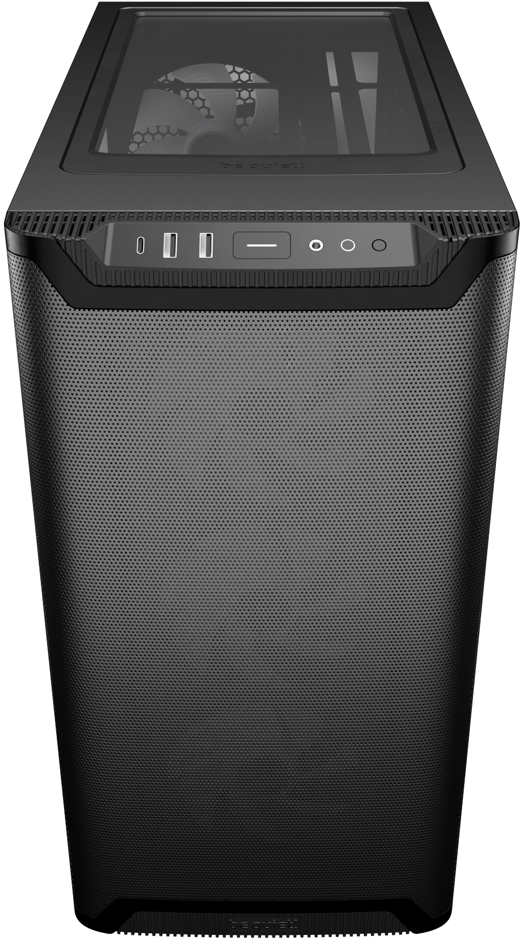 Schwarzes Computergehäuse. Perforierte Front, Top-Vent, Front-I/O-Panel. Modernes Design.