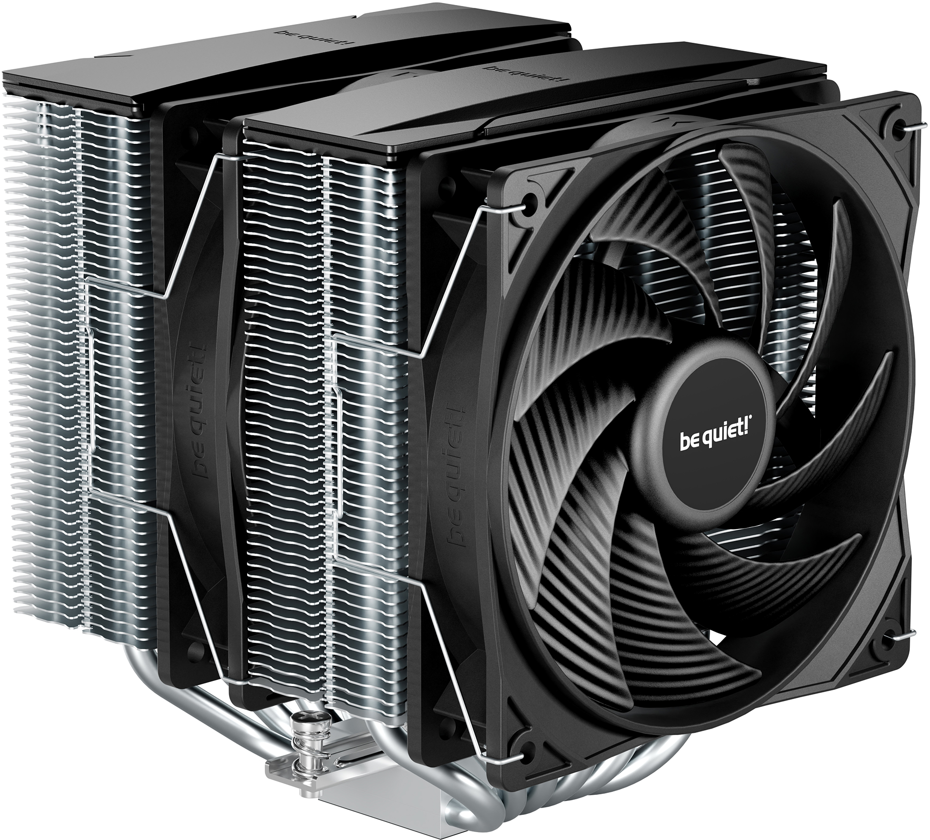 Ein großer CPU-Kühler mit zwei Kühlrippen und einem großen Lüfter in der Mitte.