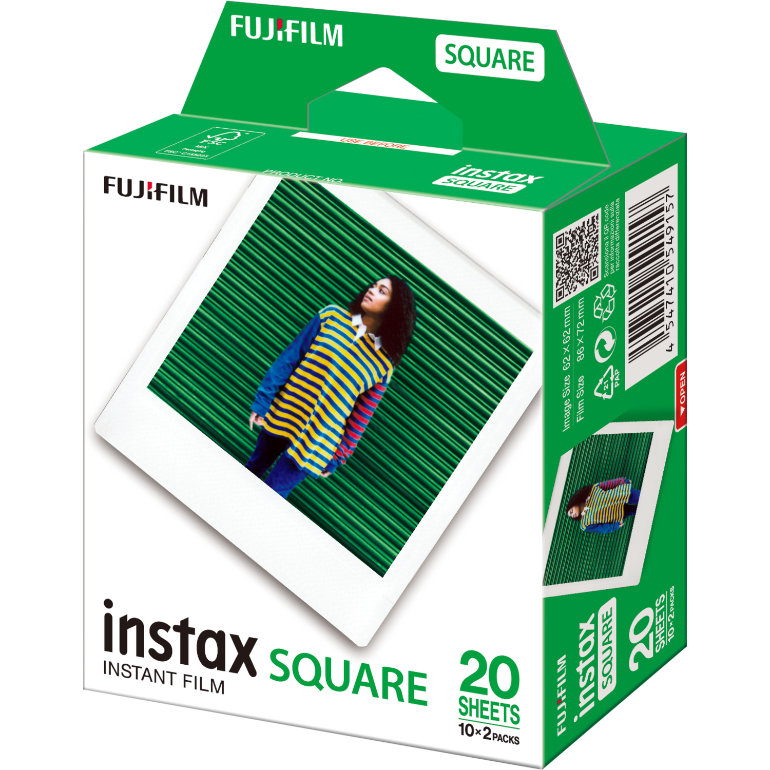 Un produit en boîte verte, une photo sur le devant. Il est écrit Instax Square.