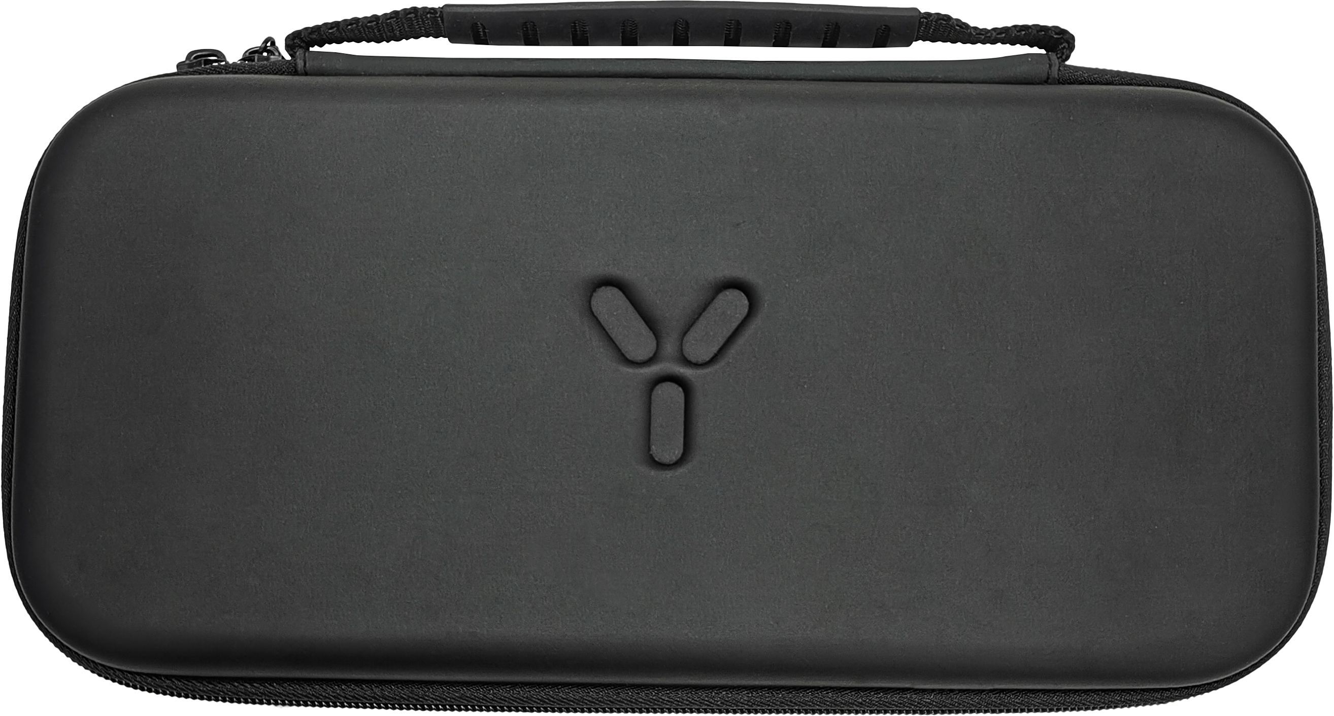 Schwarzes Etui mit Reißverschluss. Ein Symbol mit drei Linien in einer vertikalen Linie ist sichtbar.