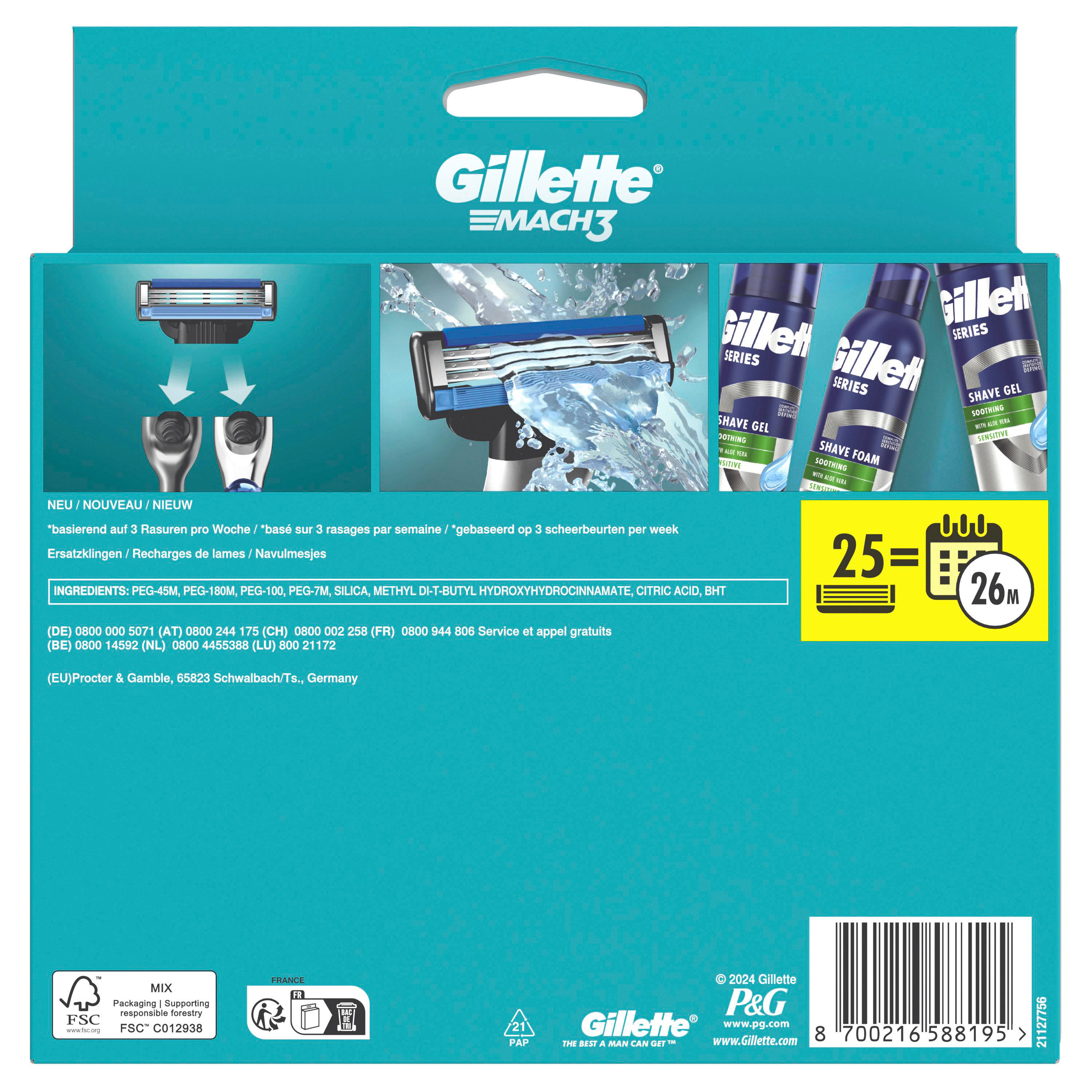 Gillette Mach3 Rasierklingenpatronenverpackung mit verschiedenen Details.