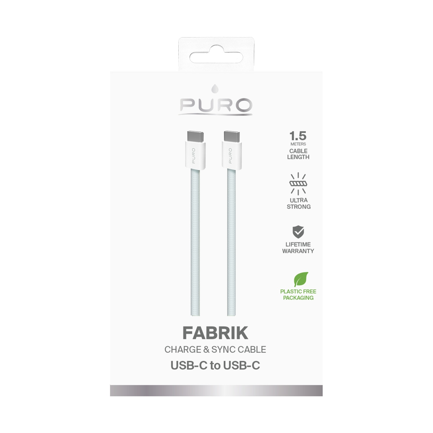 Confezione del cavo USB-C a USB-C Puro Fabrik bianco e grigio.