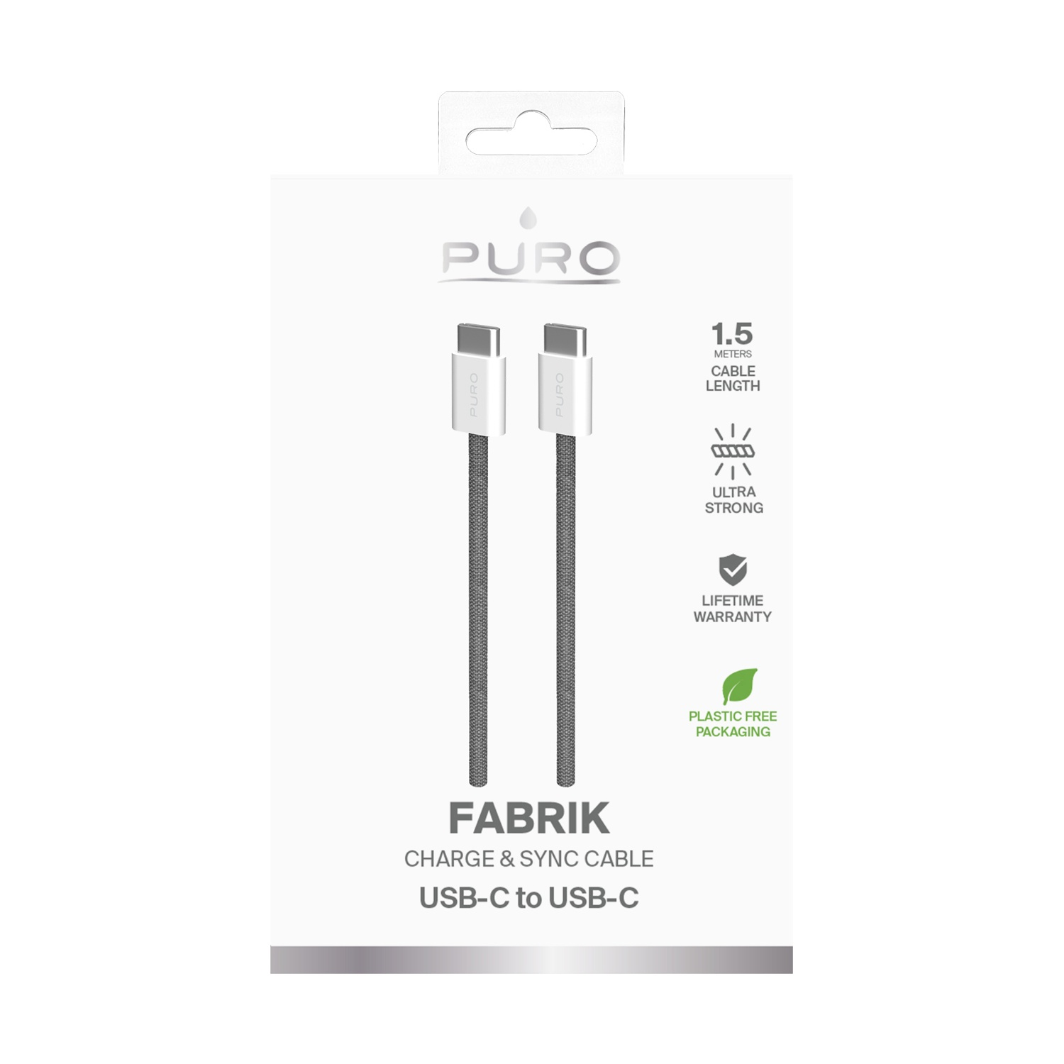 Un cavo di ricarica USB-C a USB-C bianco e grigio in una scatola di imballaggio.