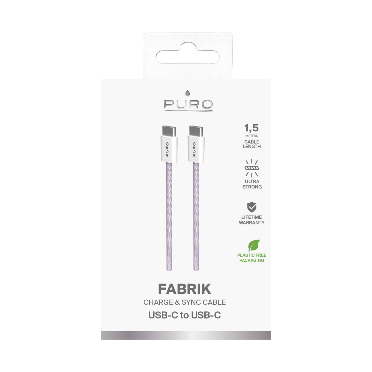 Un cavo di ricarica USB-C a USB-C bianco e viola su una confezione del prodotto.