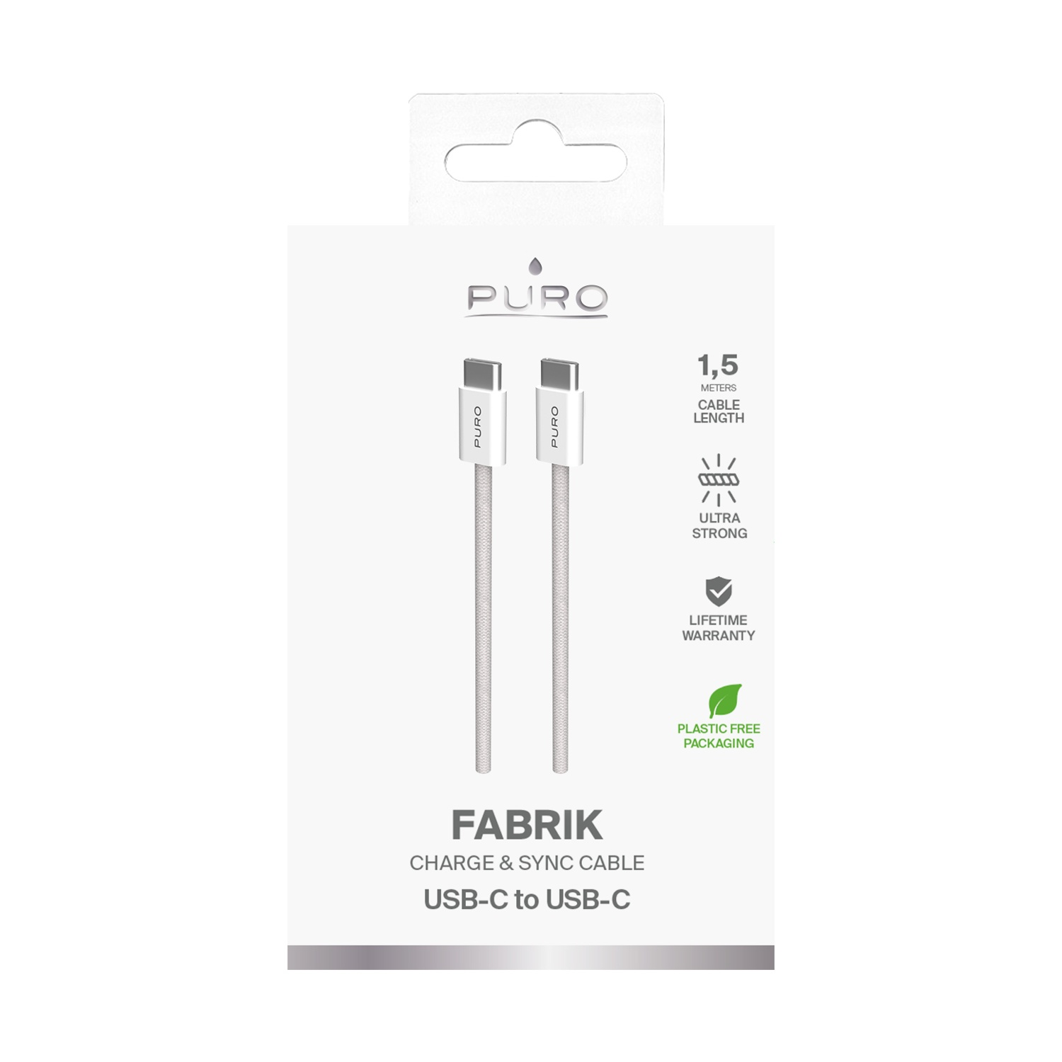 Cavo USB-C a USB-C bianco e argento in confezione, con testo e logo.