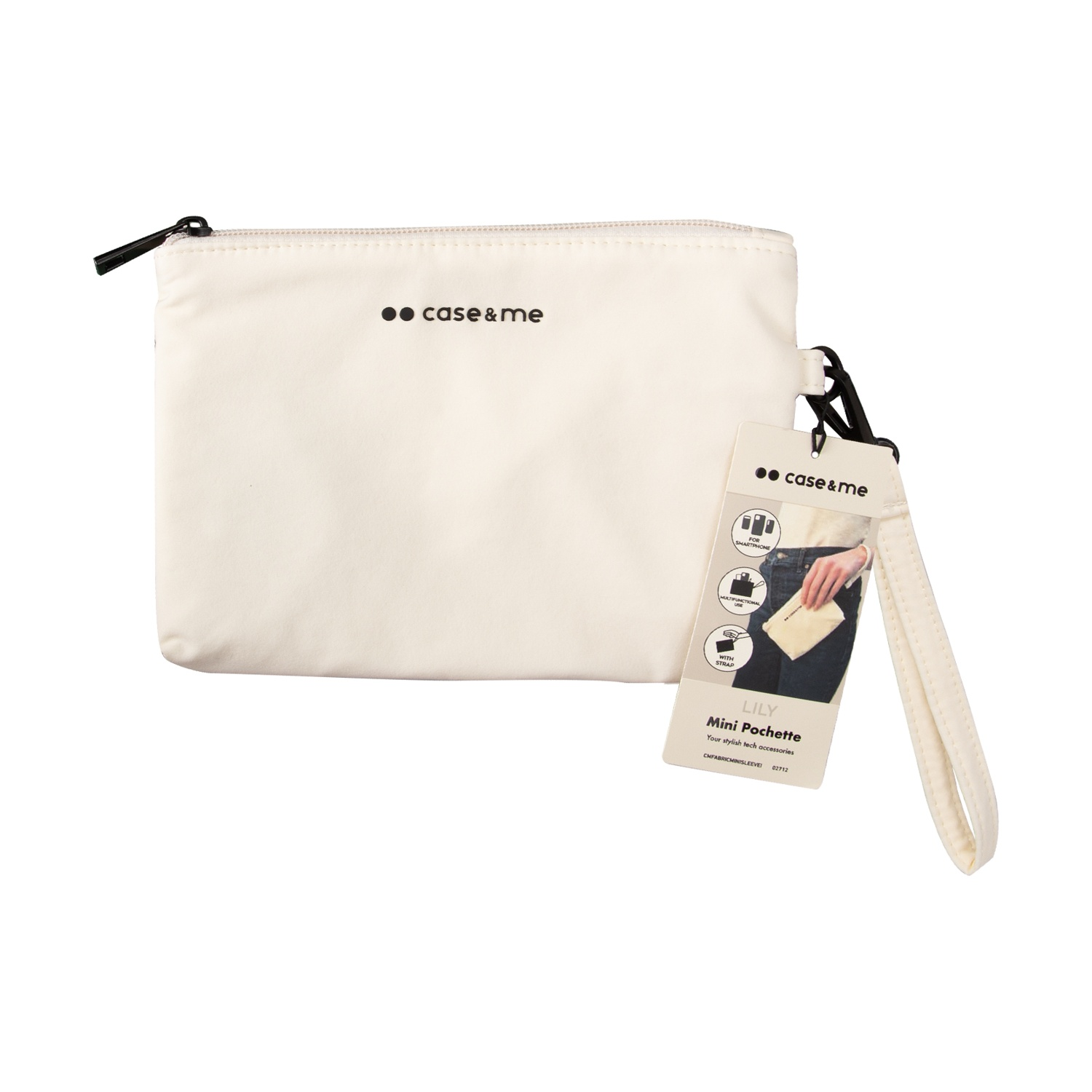 Borsa a busta bianca con cerniera nera. Etichetta con testo e immagini. Sfondo bianco.