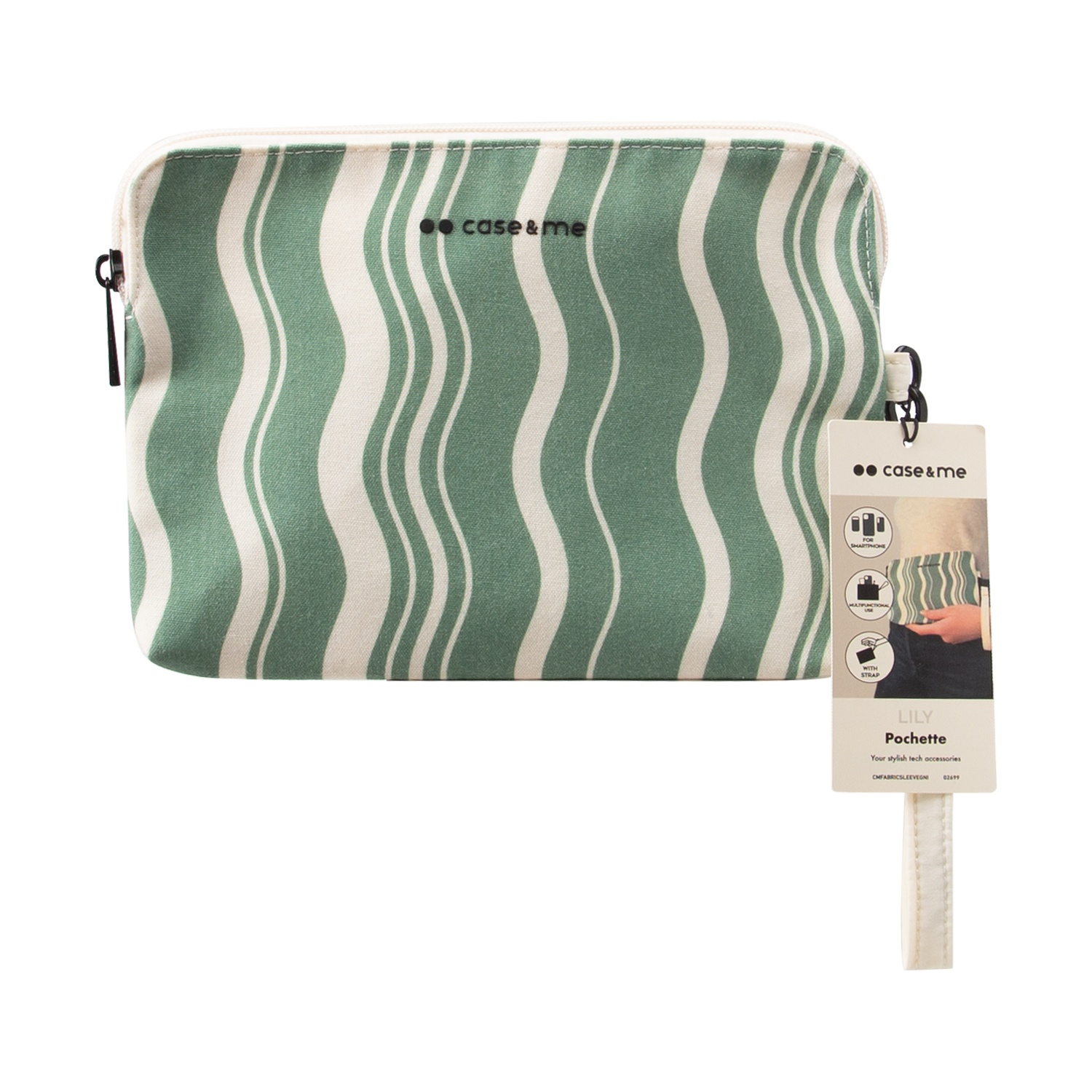Pochette a righe verdi con etichetta, sfondo bianco.