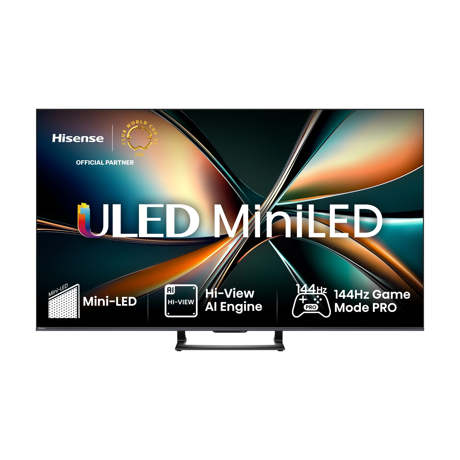 Un televisore Hisense ULED MiniLED a schermo piatto con supporto nero.