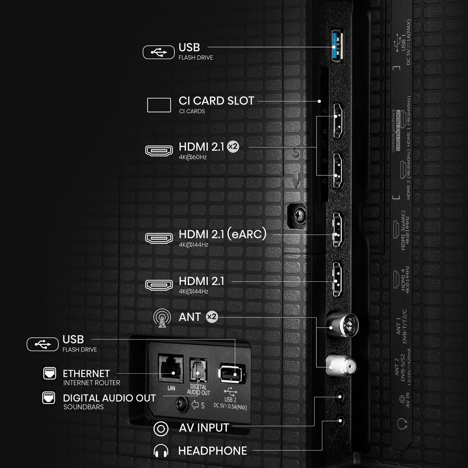 Pannello posteriore TV con porte: USB, HDMI, LAN, Antenna e uscita audio.