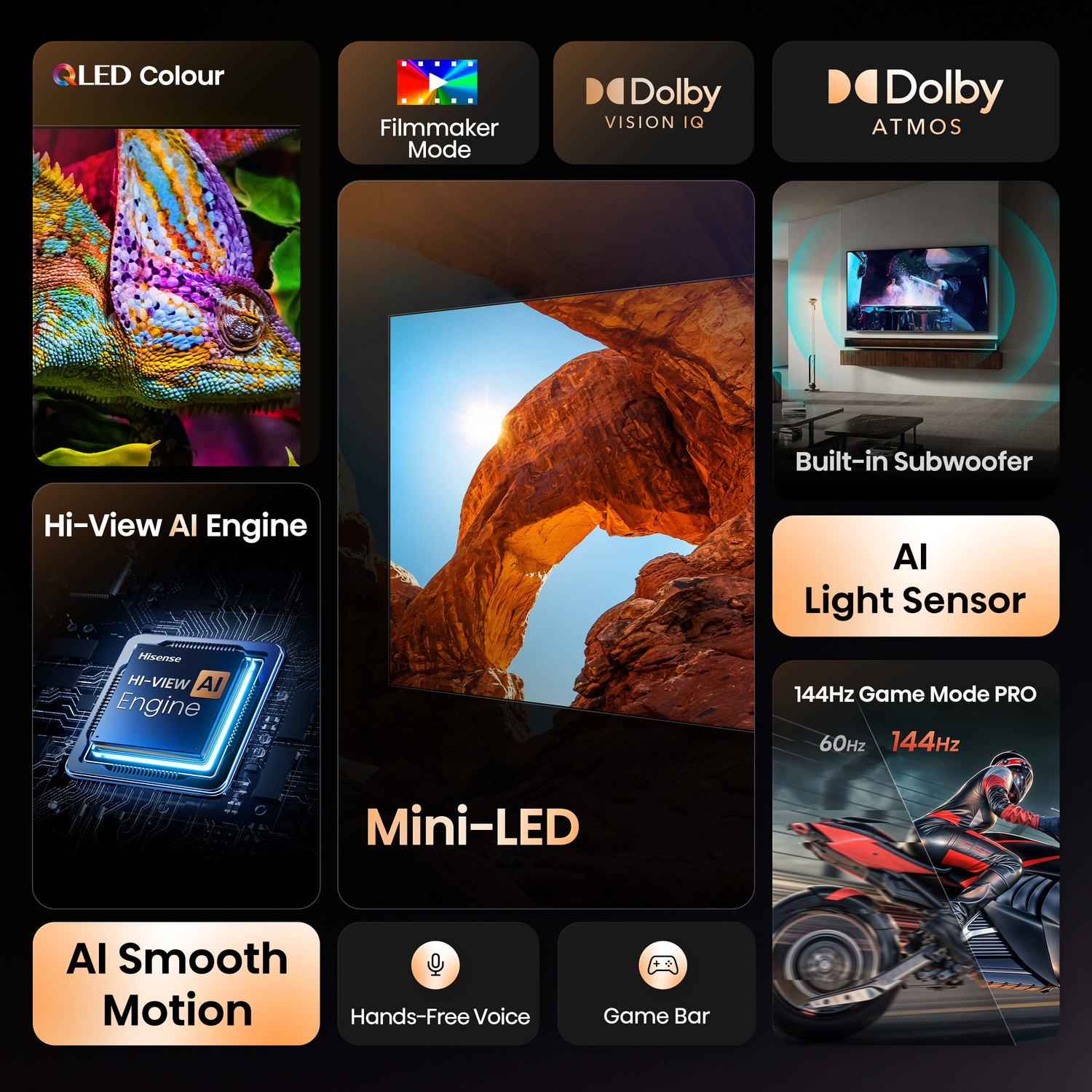 Funzionalità TV, tra cui colore LED, Filmmaker Mode, Dolby e AI, con sfondo panoramico e modalità gioco.