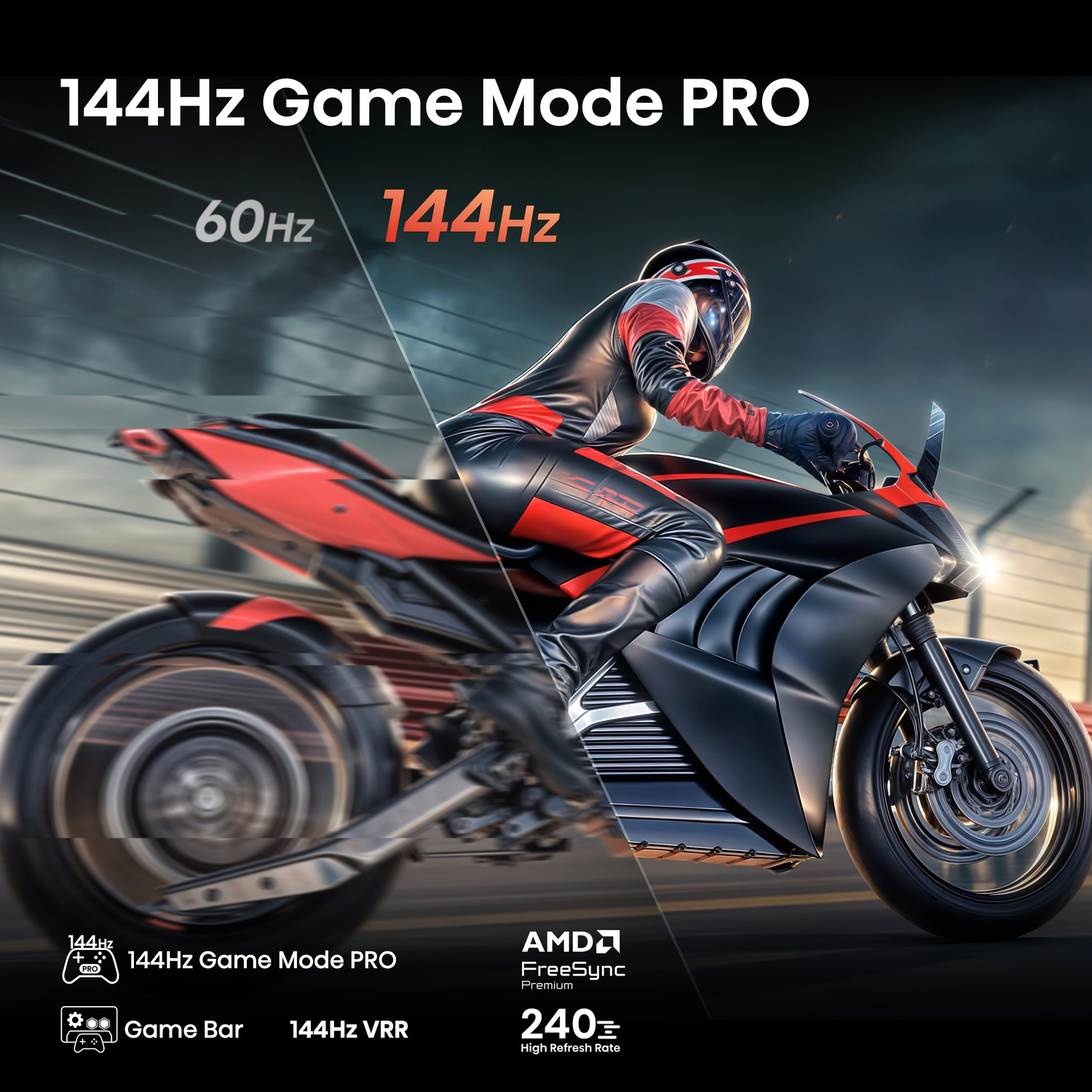 Un'immagine di una moto con testo sulla modalità di gioco e sulla frequenza di aggiornamento.