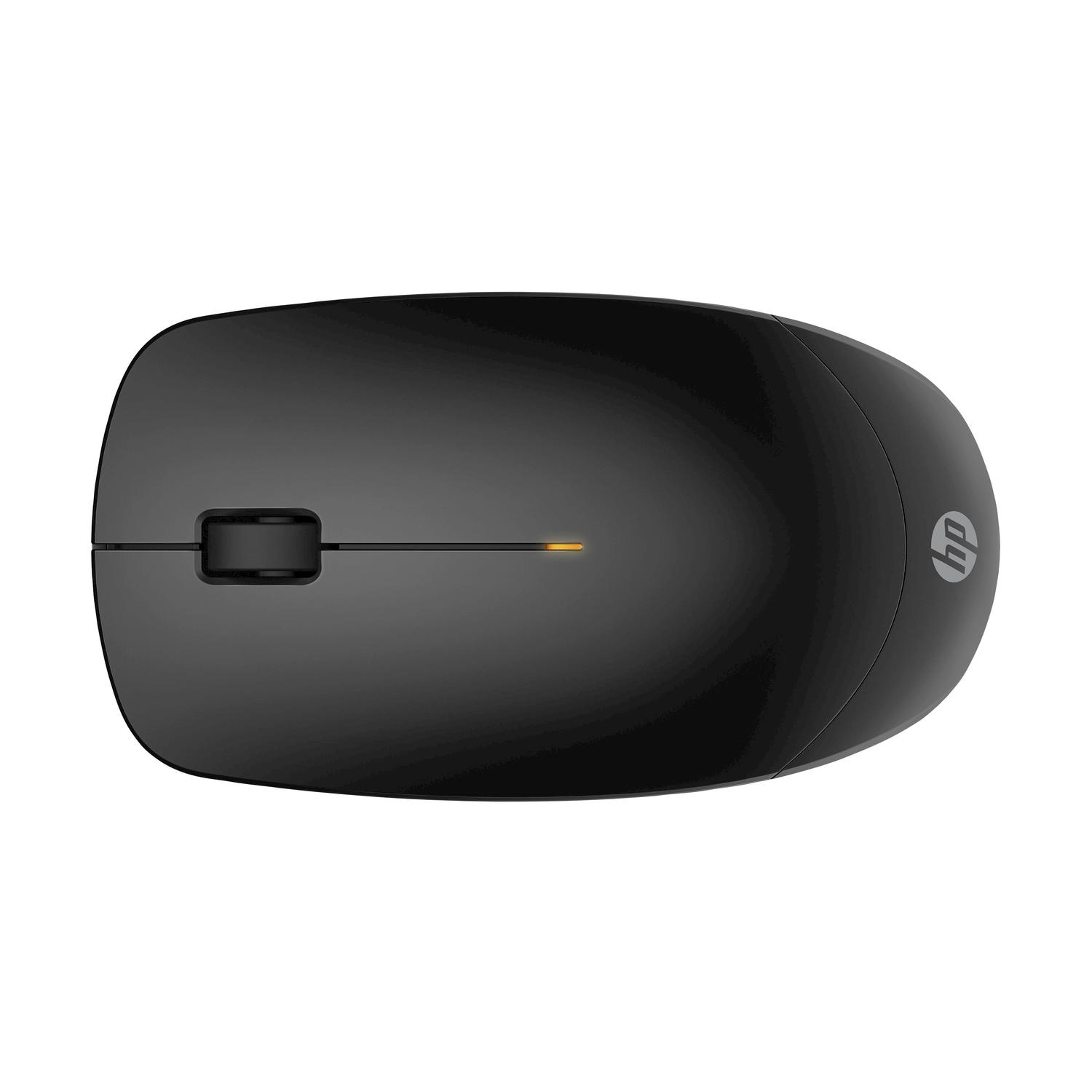 Un mouse nero con una linea gialla al centro e il logo HP sul lato destro.