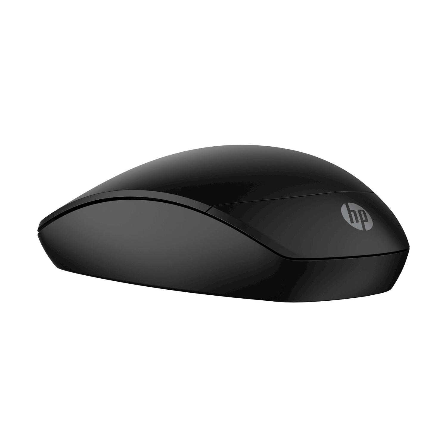 Mouse wireless HP nero. Design elegante e curvo con logo 'hp' sul lato destro.