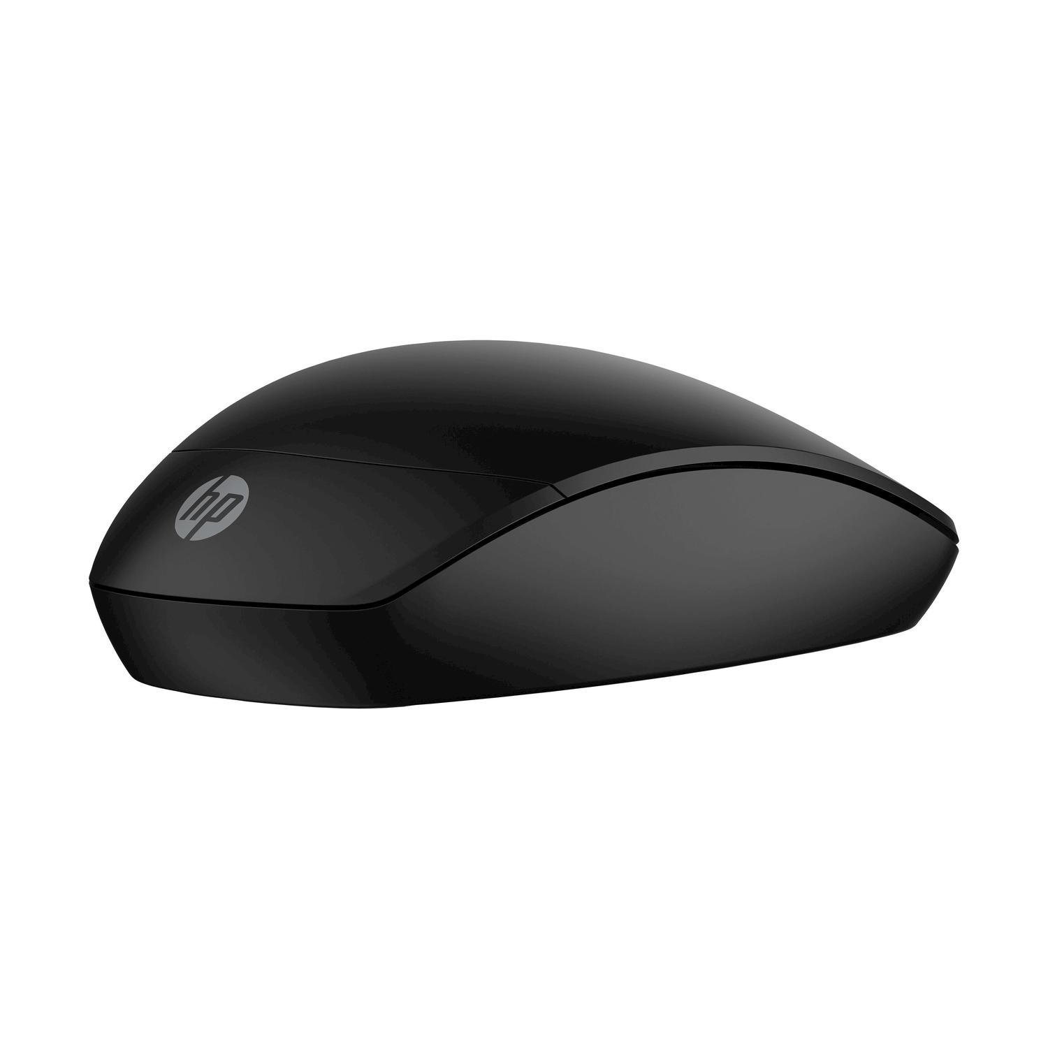 Un mouse per computer HP nero con un design liscio, visto dall'alto su uno sfondo bianco.
