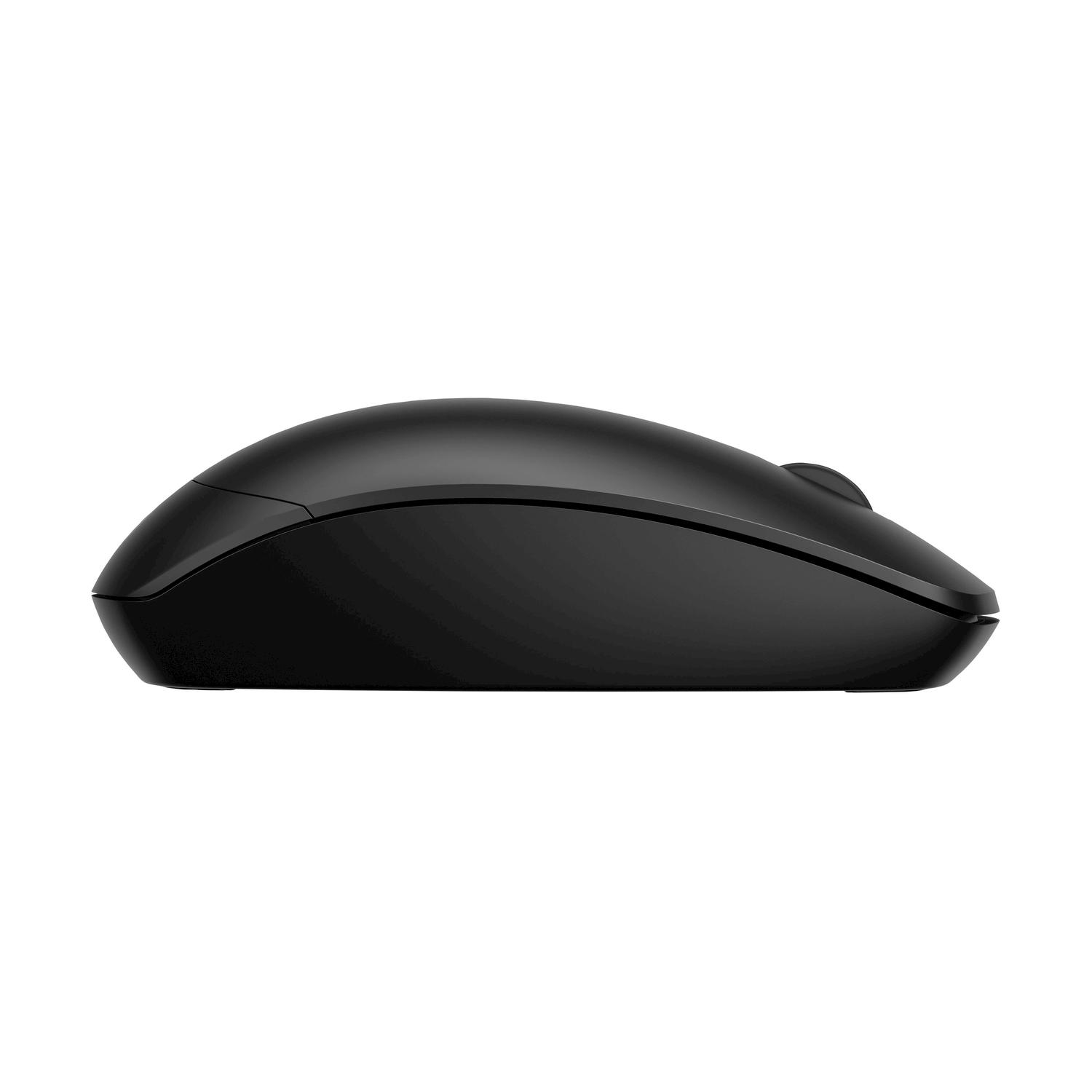 Mouse per computer nero con vista laterale, che mostra il pulsante e la forma.